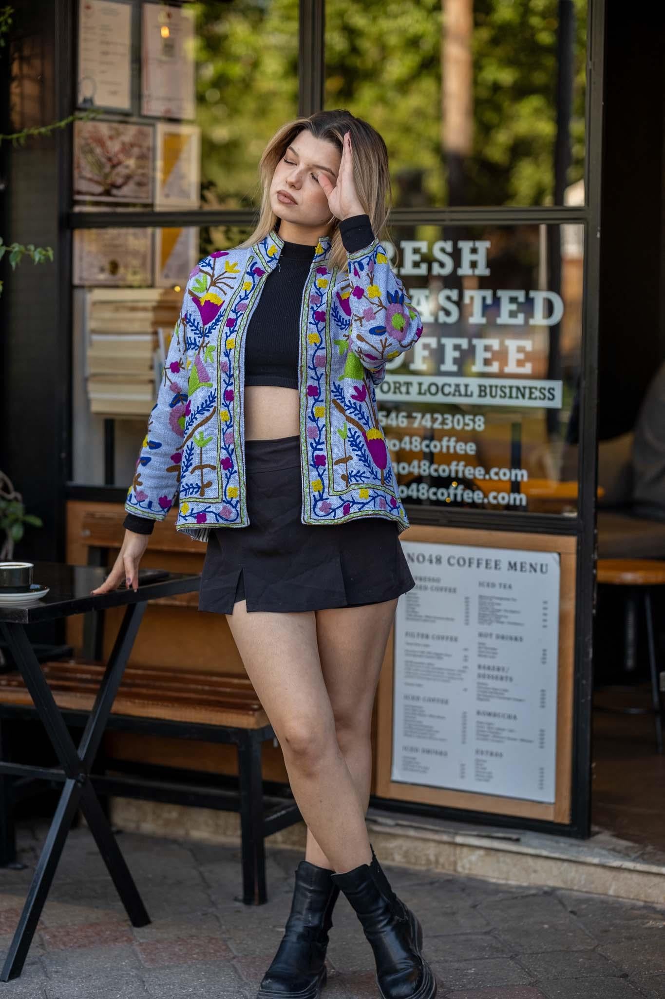 Ice Blue Suzani Embroidered Cross Stitch Jacket