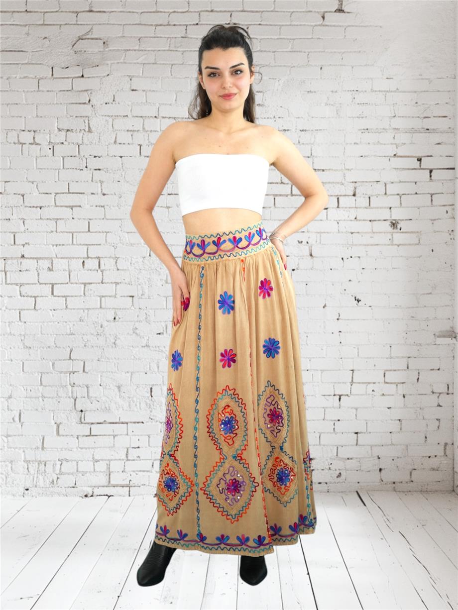 Camel İşlemeli Uzun Etek