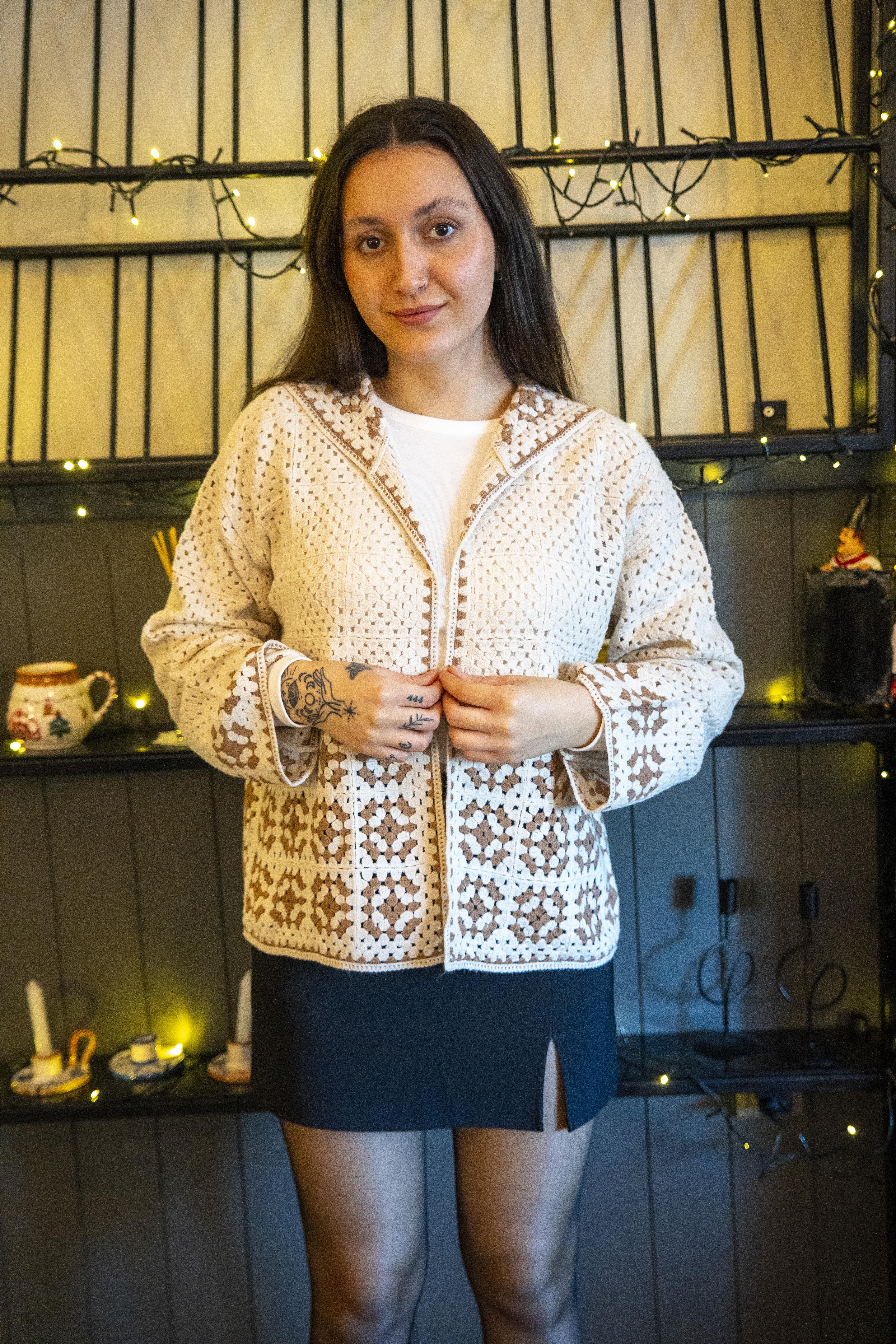 Camel Tığ İşi Kapşonlu Hırka 