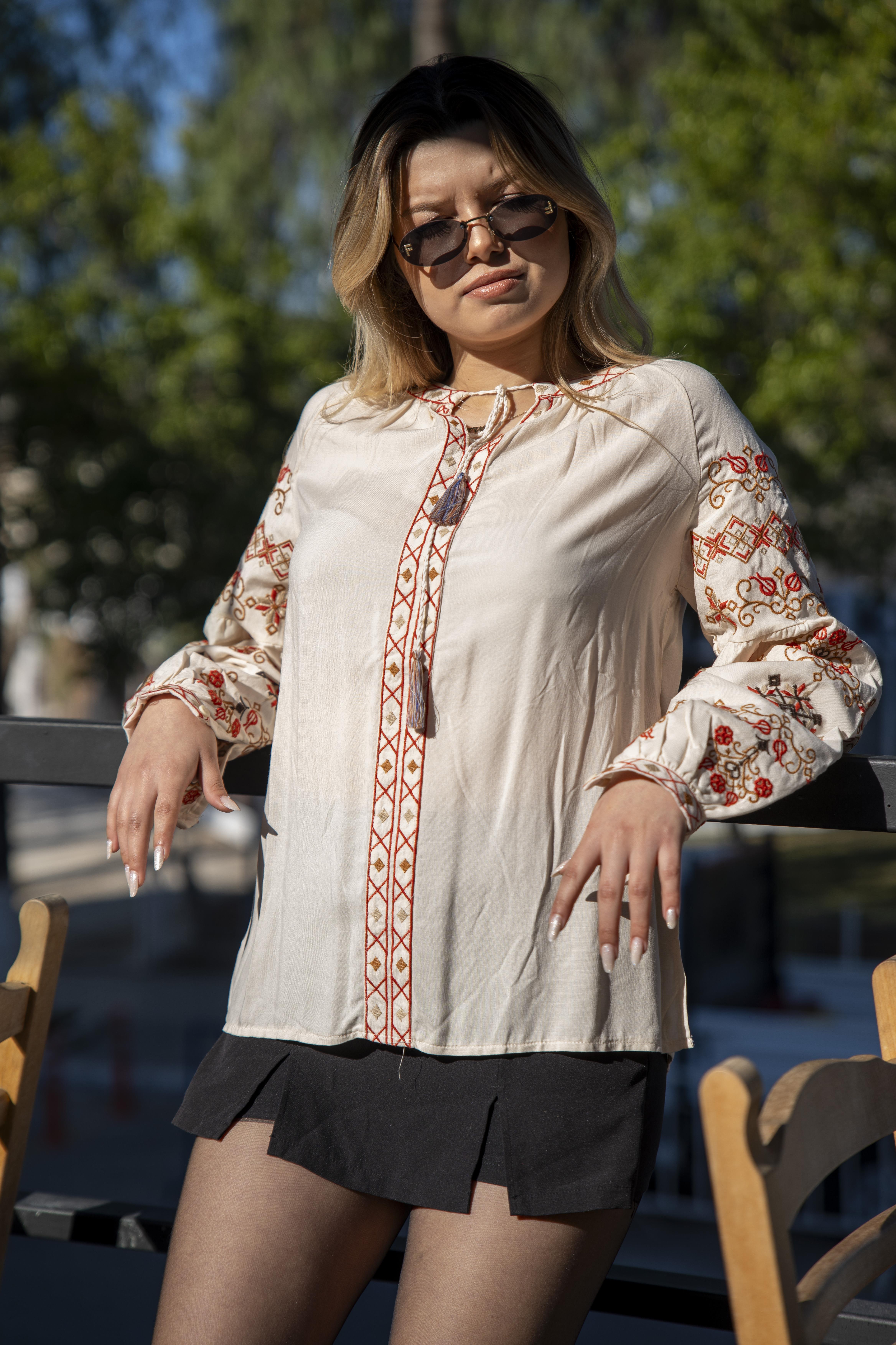 Cream Colored Drop Neck Blouse with Embroidered Detail