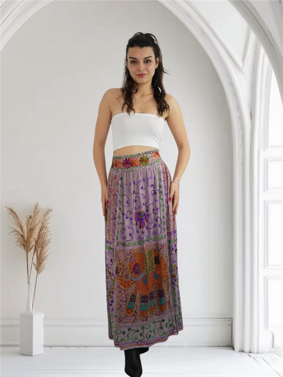 Eflatun İşlemeli Uzun Etek