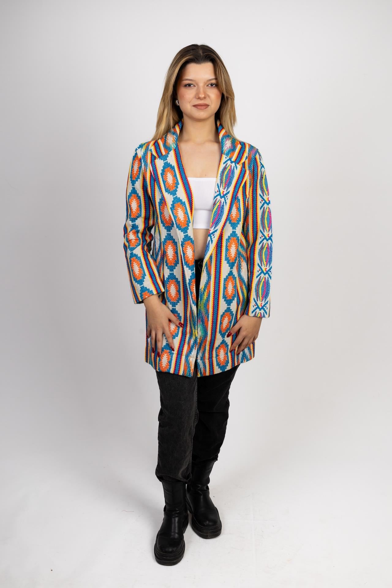 Off-white Ethnic Patterned Long Jacket