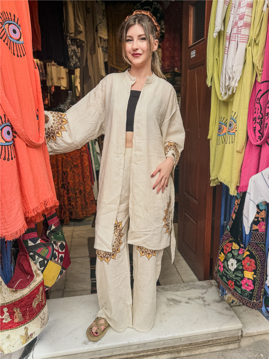 Ekru Renk Mandala Çiçek Nakışlı Ham Bohem Pantolon Kimono Takım