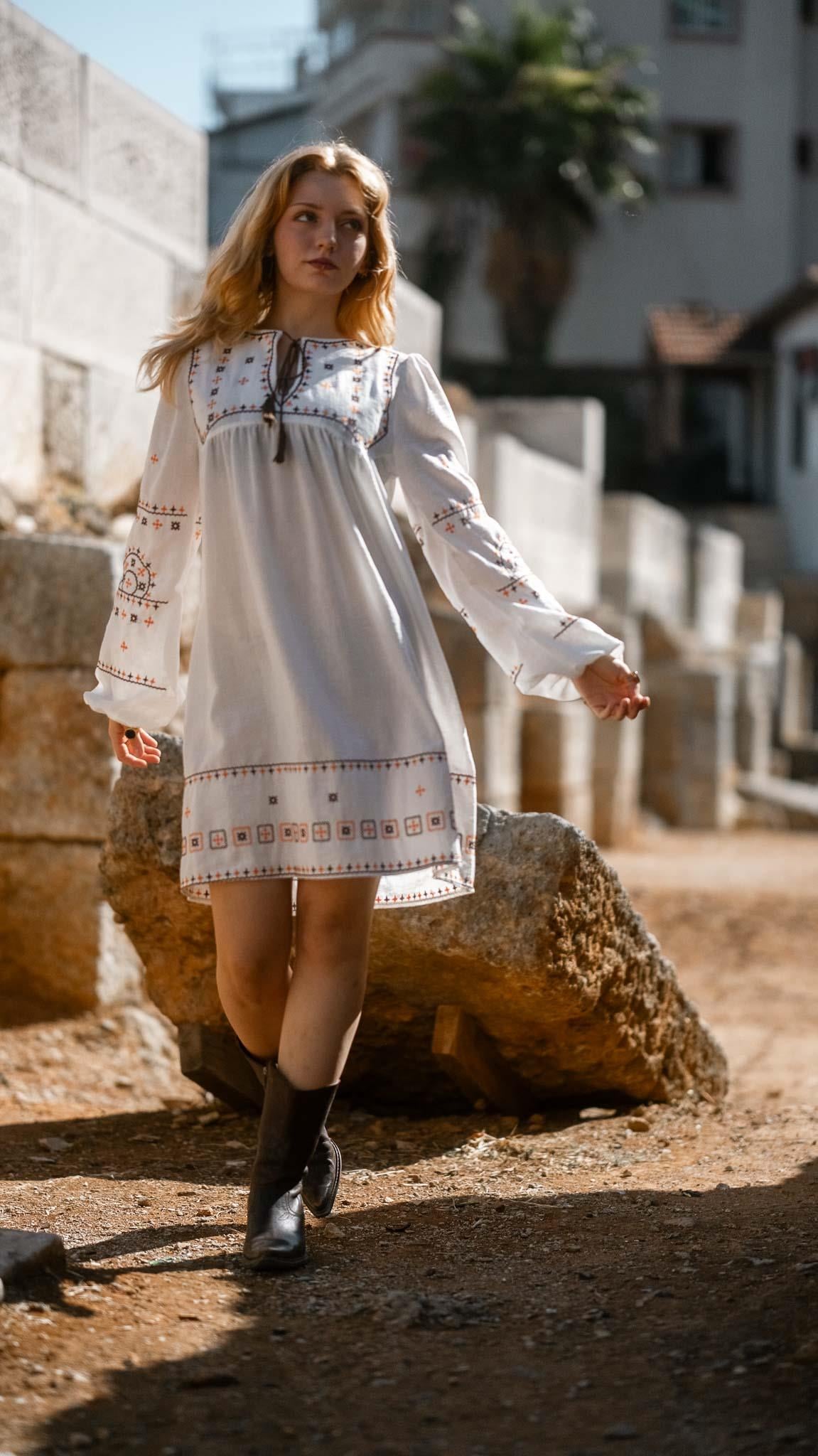 Ethnic Pattern Tassel White Bohemian Dress