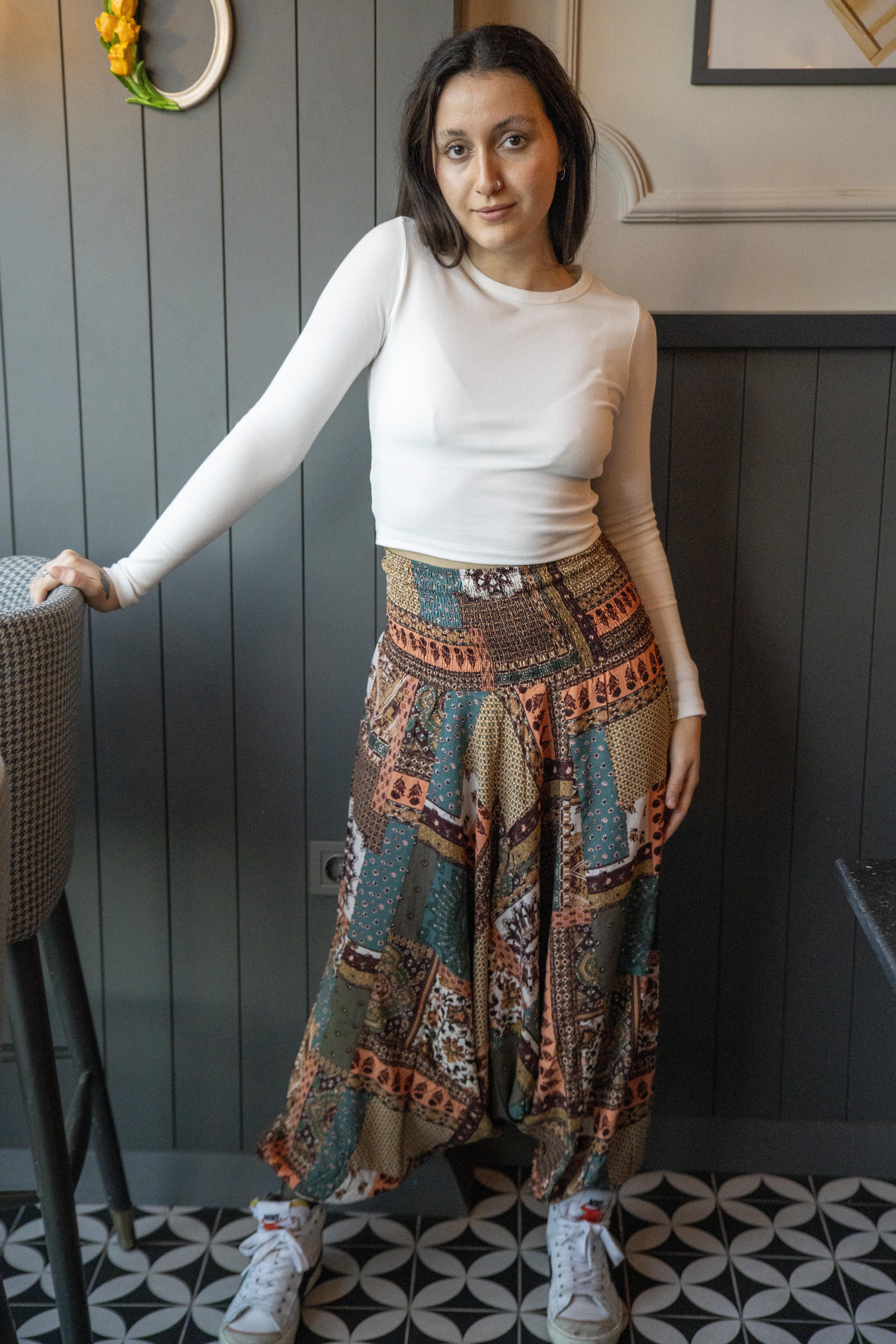 Ethnic Patterned Harem Style Trousers with Waist Detail