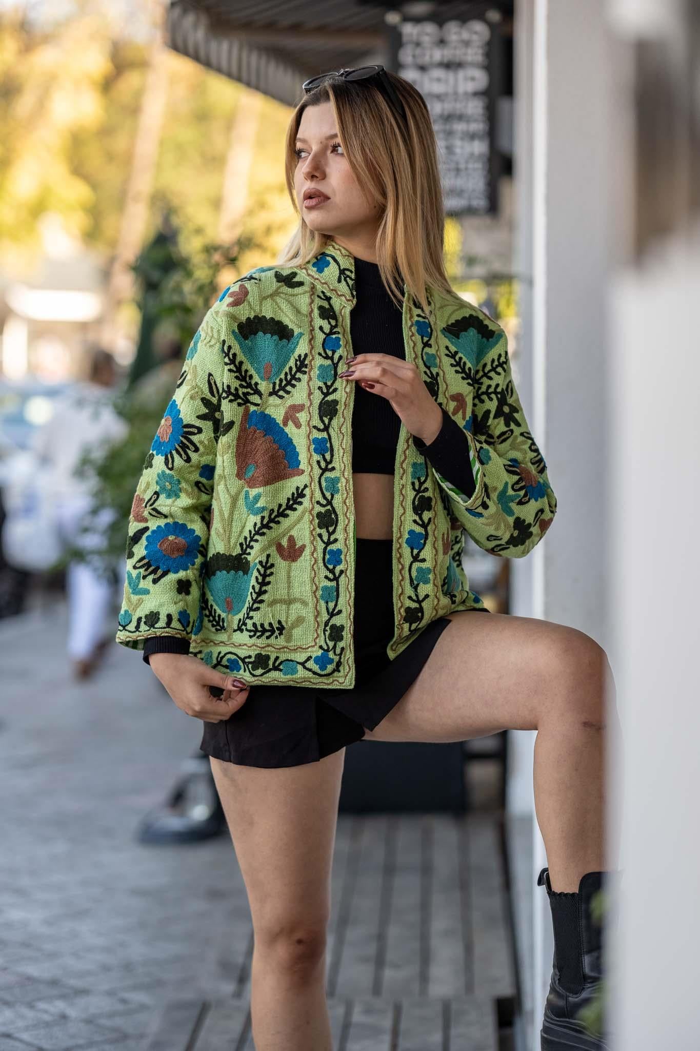 Pistachio Green Suzani Embroidered Cross Stitch Jacket
