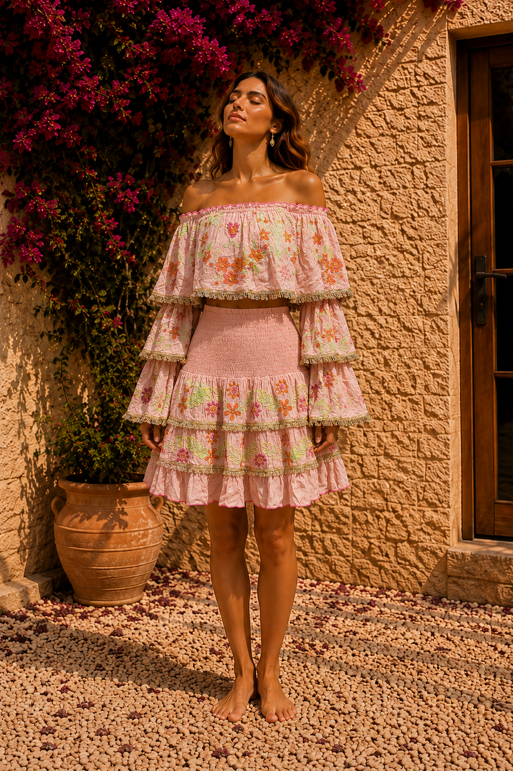 Flora Pembe Renk İşlemeli Kısa Etek Bluz Takım