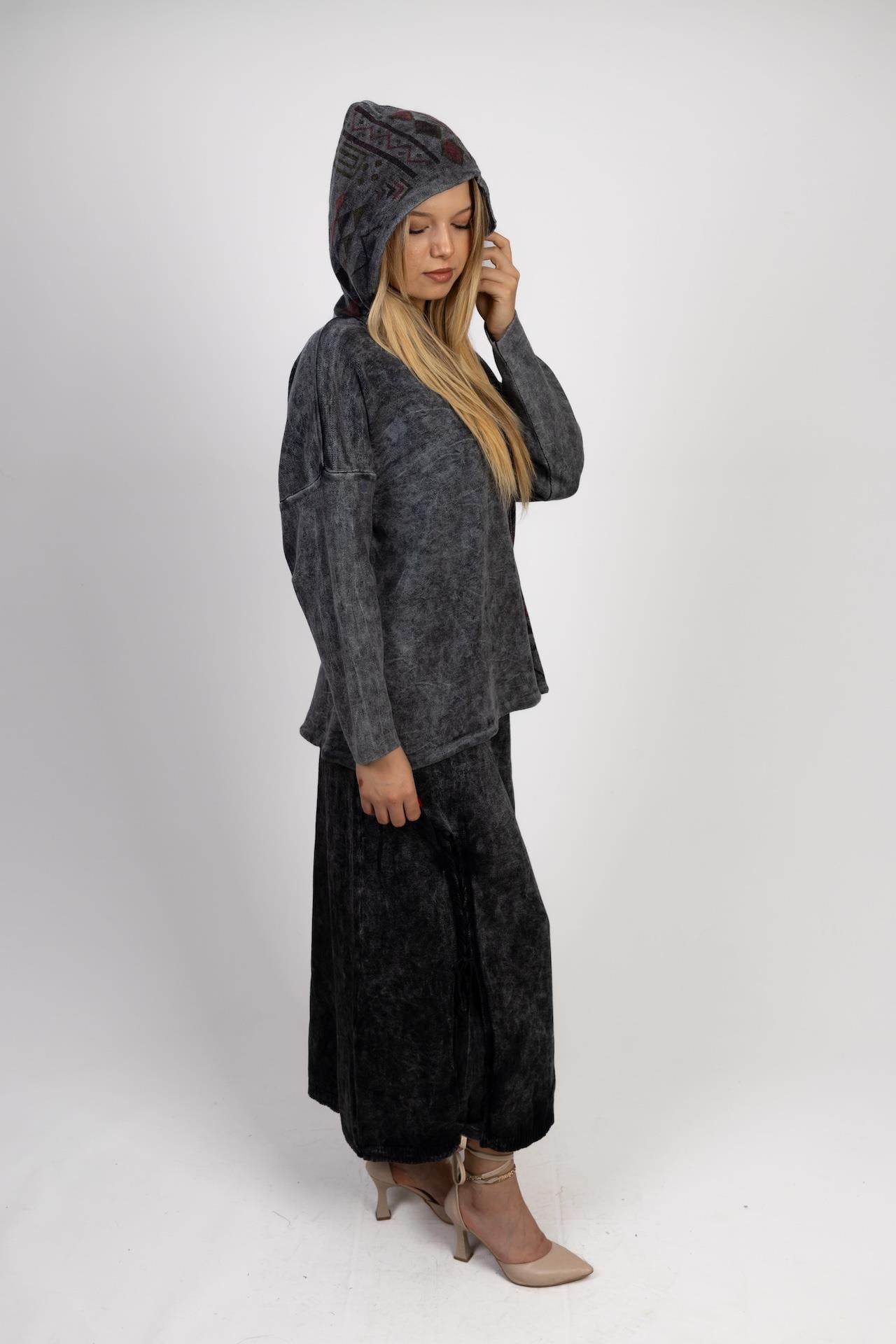 Smoke Grey Knitted Skirt and Hooded Blouse Set