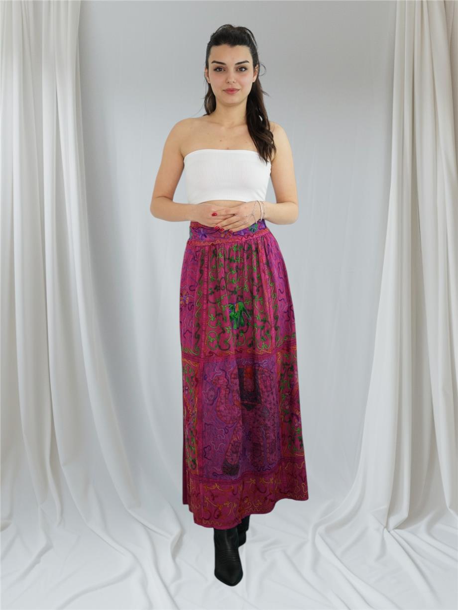 Fuşya İşlemeli Uzun Etek