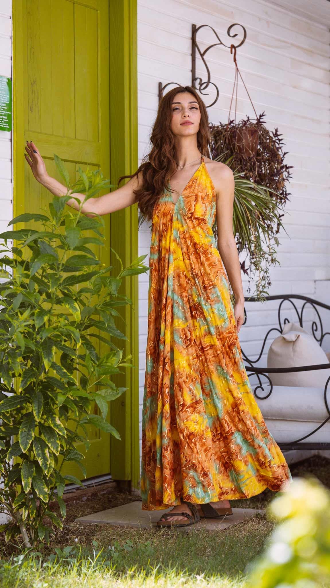 Sunset Patterned Halter Neck Backless Silk Dress