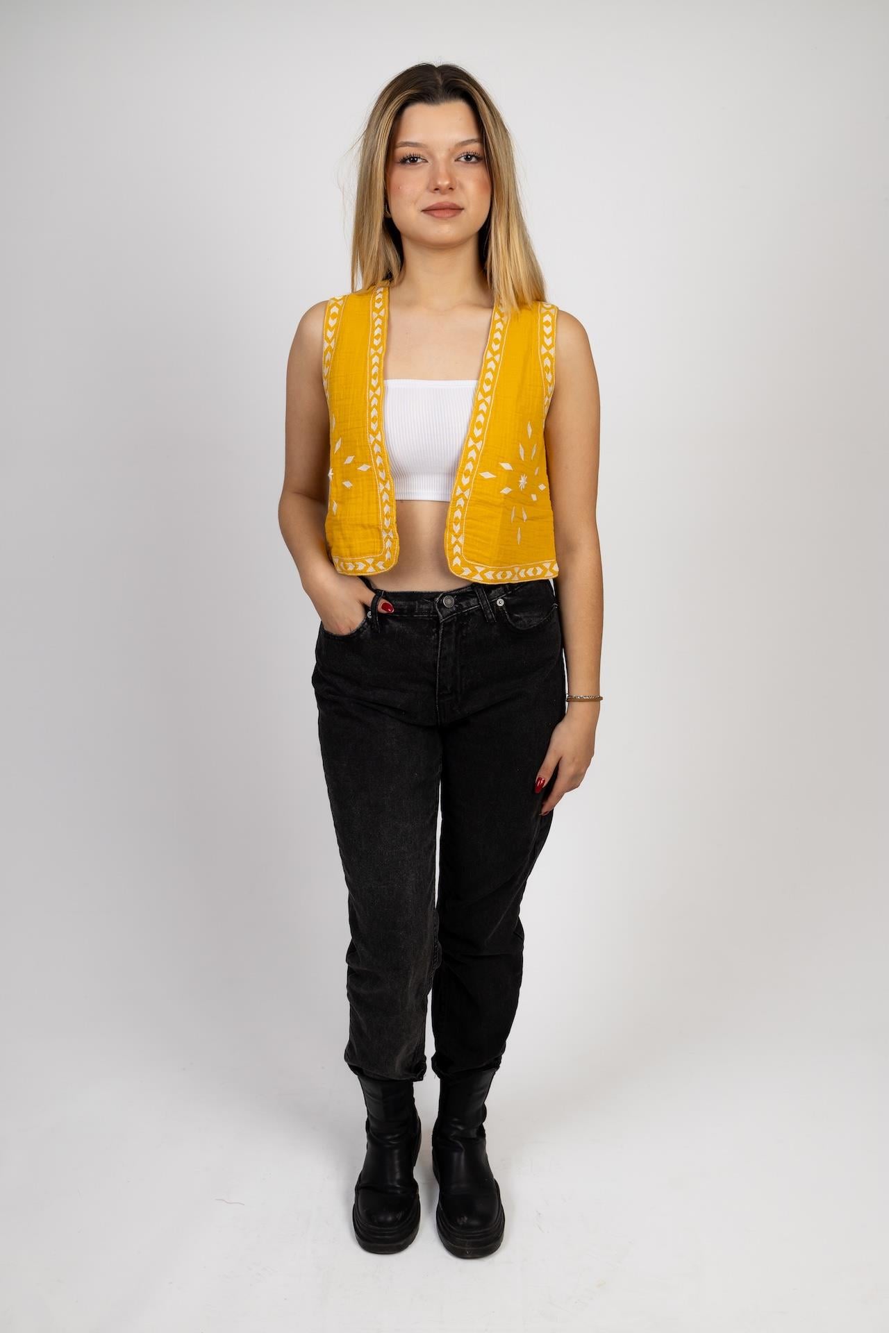 Mustard Yellow Sunlight Muslin Embroidered Vest
