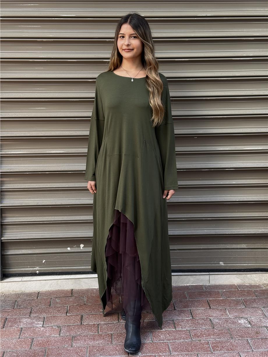 Haki Asimetrik Maxi Uzun Tunik