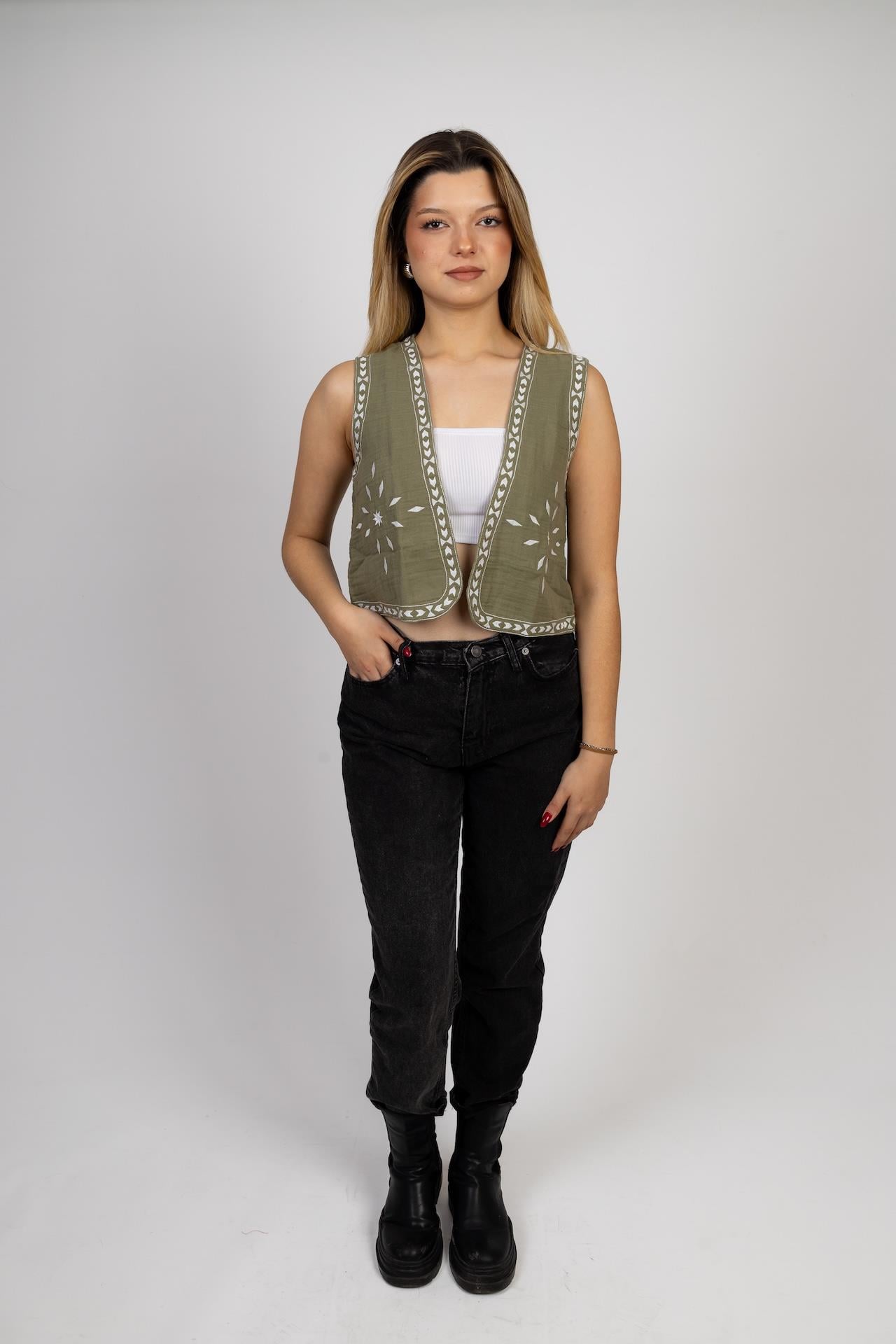 Khaki Color Sunlight Muslin Embroidered Vest