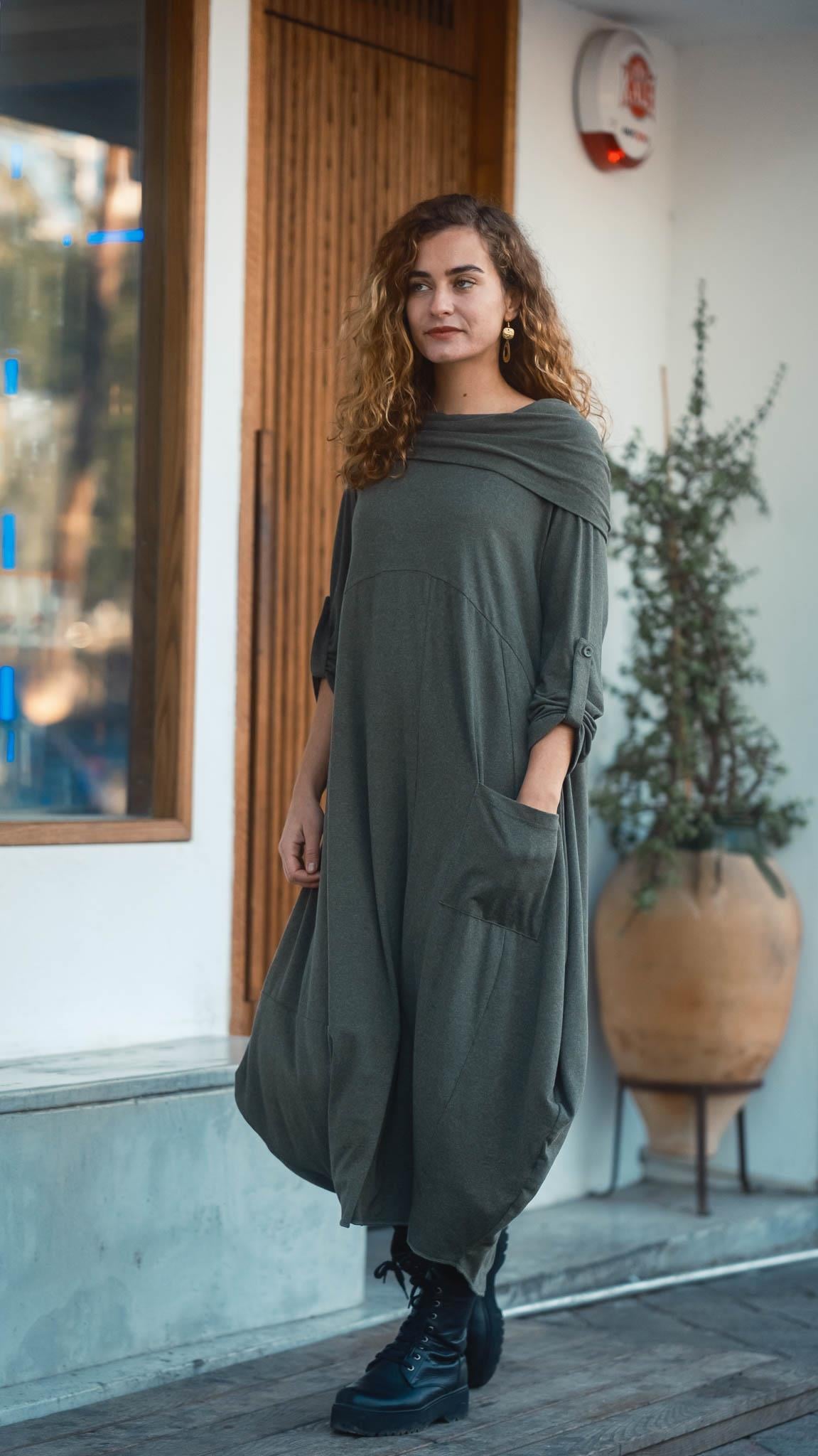 Khaki Hooded Loose Dress