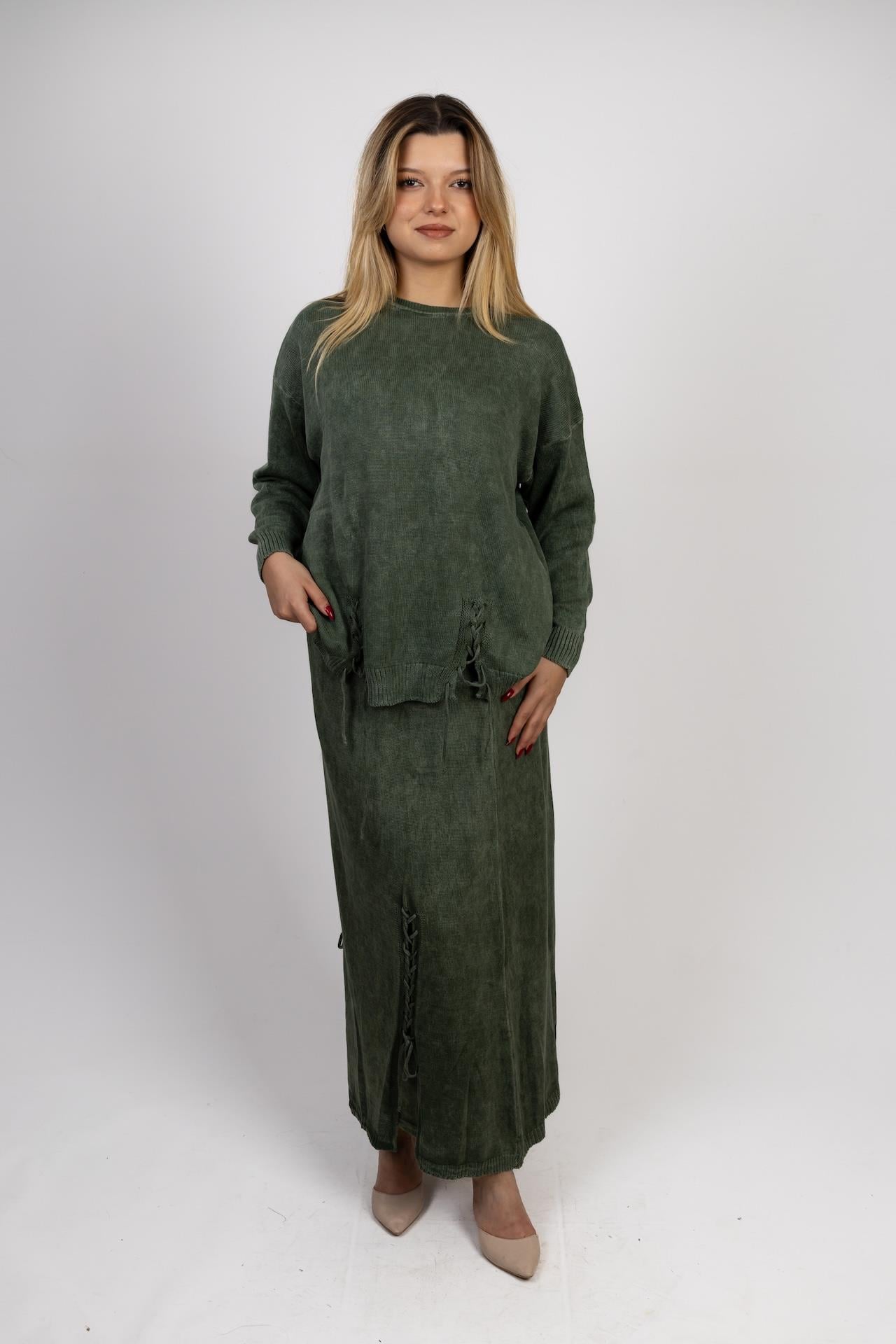 Khaki Color Knitted Skirt and Blouse Set