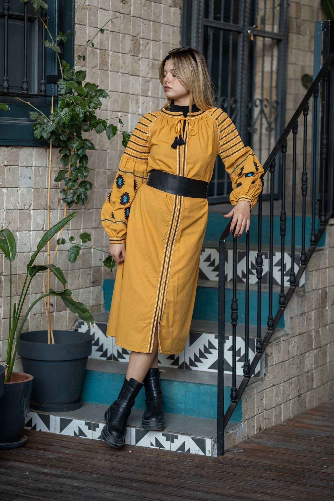 Mustard Yellow Ethnic Patterned Embroidered Dress