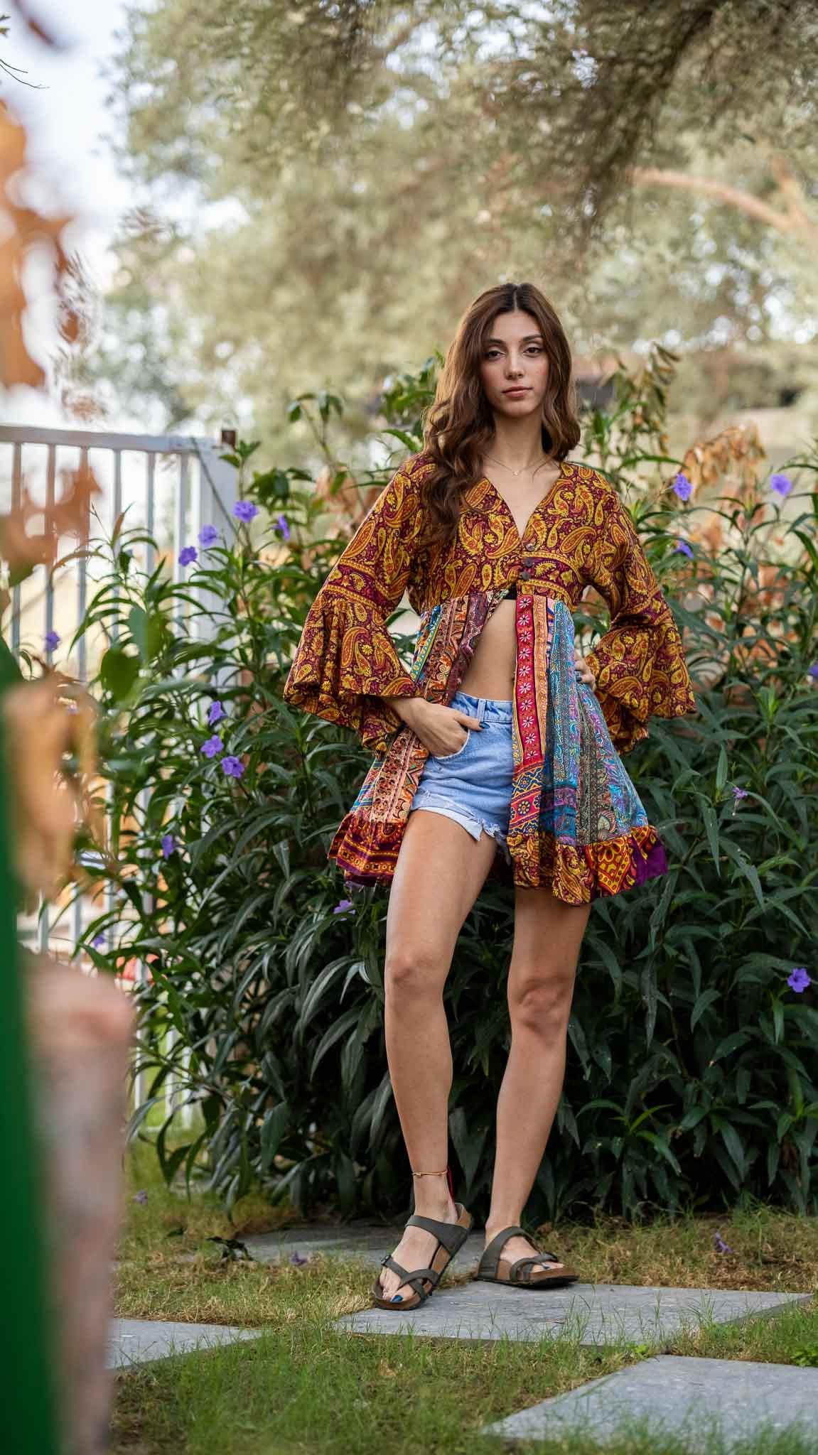 İthal Özel Tasarım Üç Düğmeli Patchwork Rayon Bluz