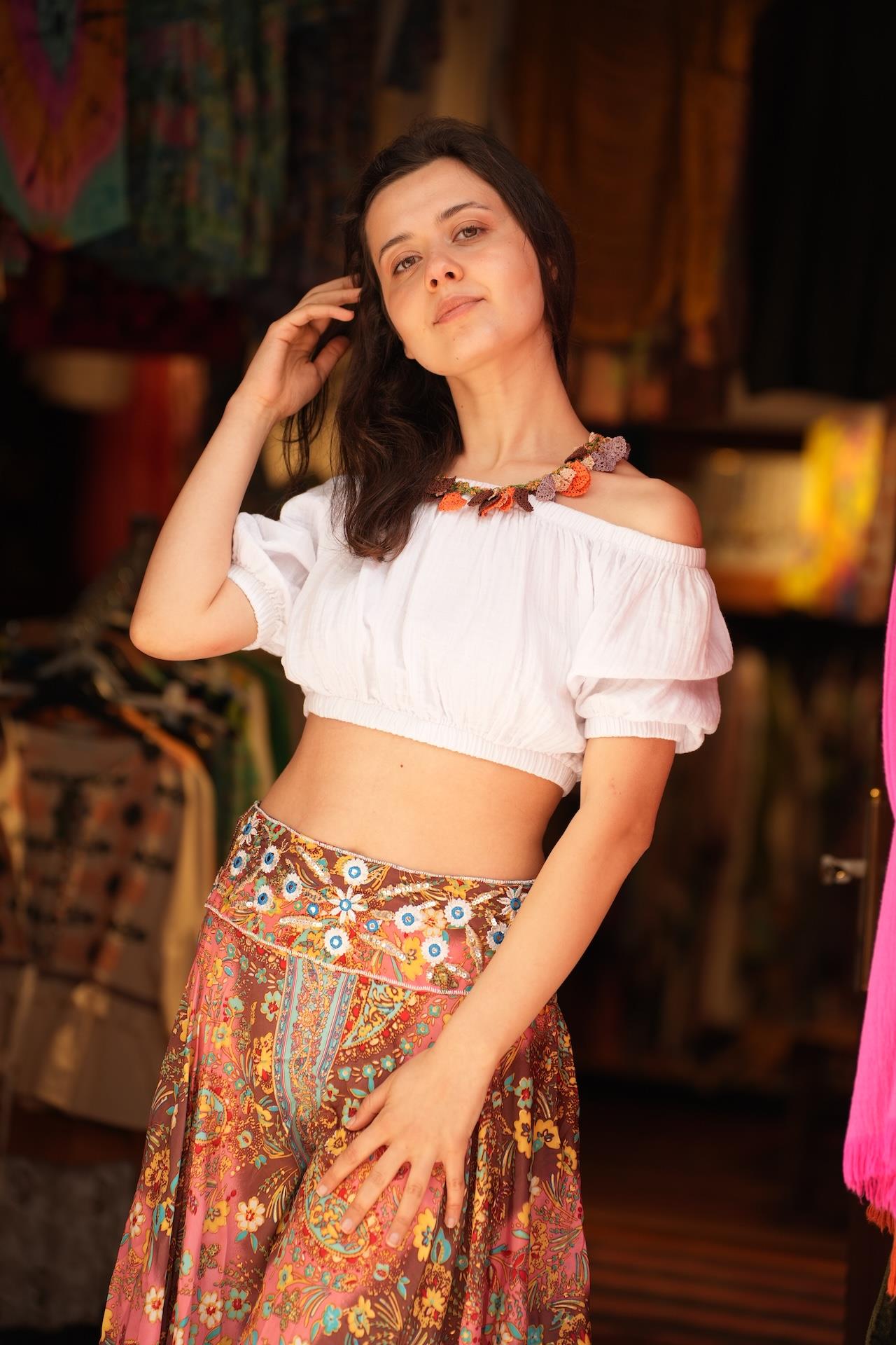 Kahverengi Beli Nakış İşlemeli İpek Pantolon