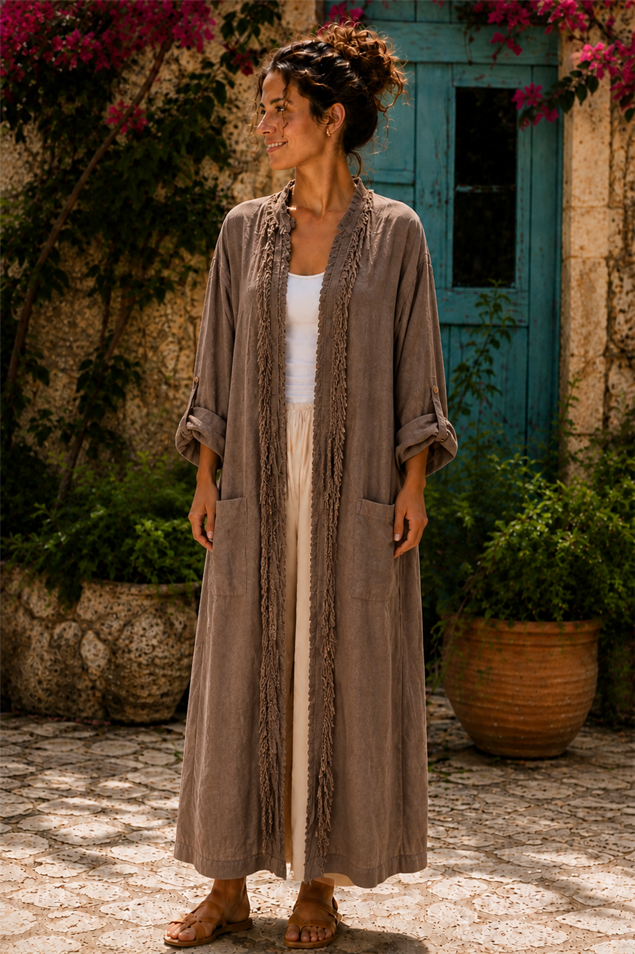 Kahverengi Bohem Püsküllü ve Cep Detaylı Keten Kaftan