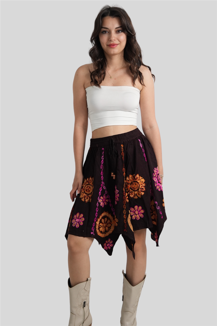 Kahverengi Çiçek Desenli Hint Etek