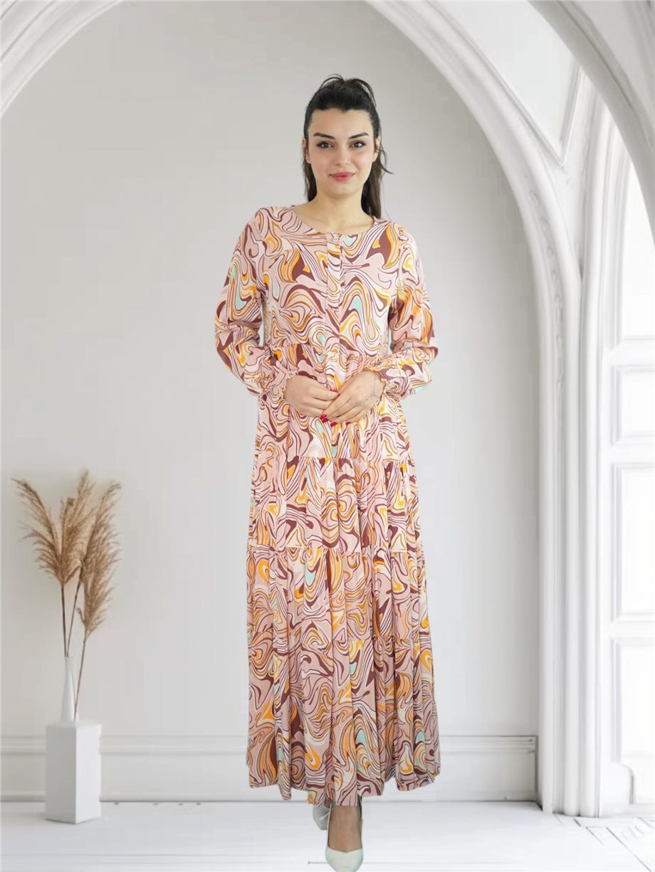 Brown Patterned Long Dress with Button Detail