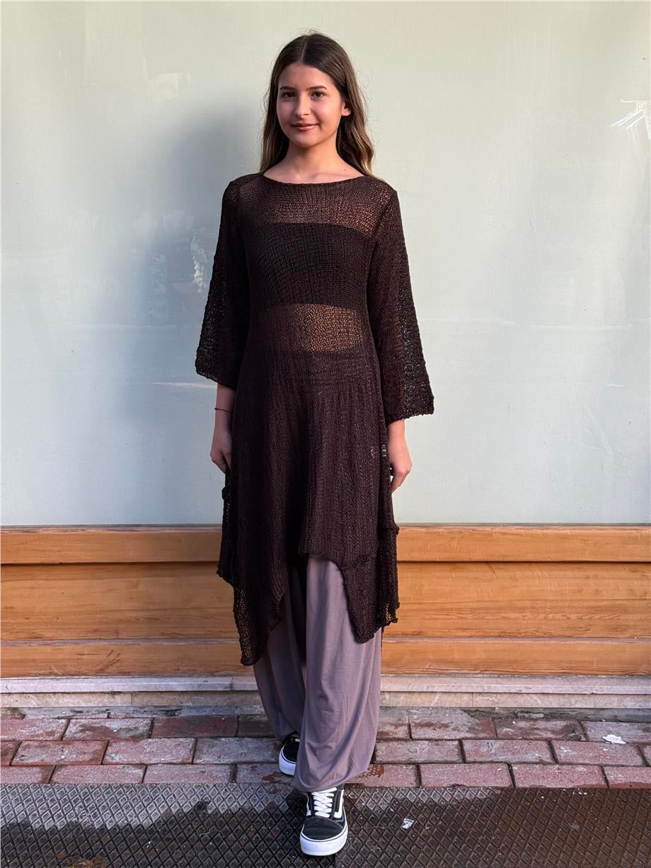 Kahverengi Sofia Asimetrik Merserize Tunik