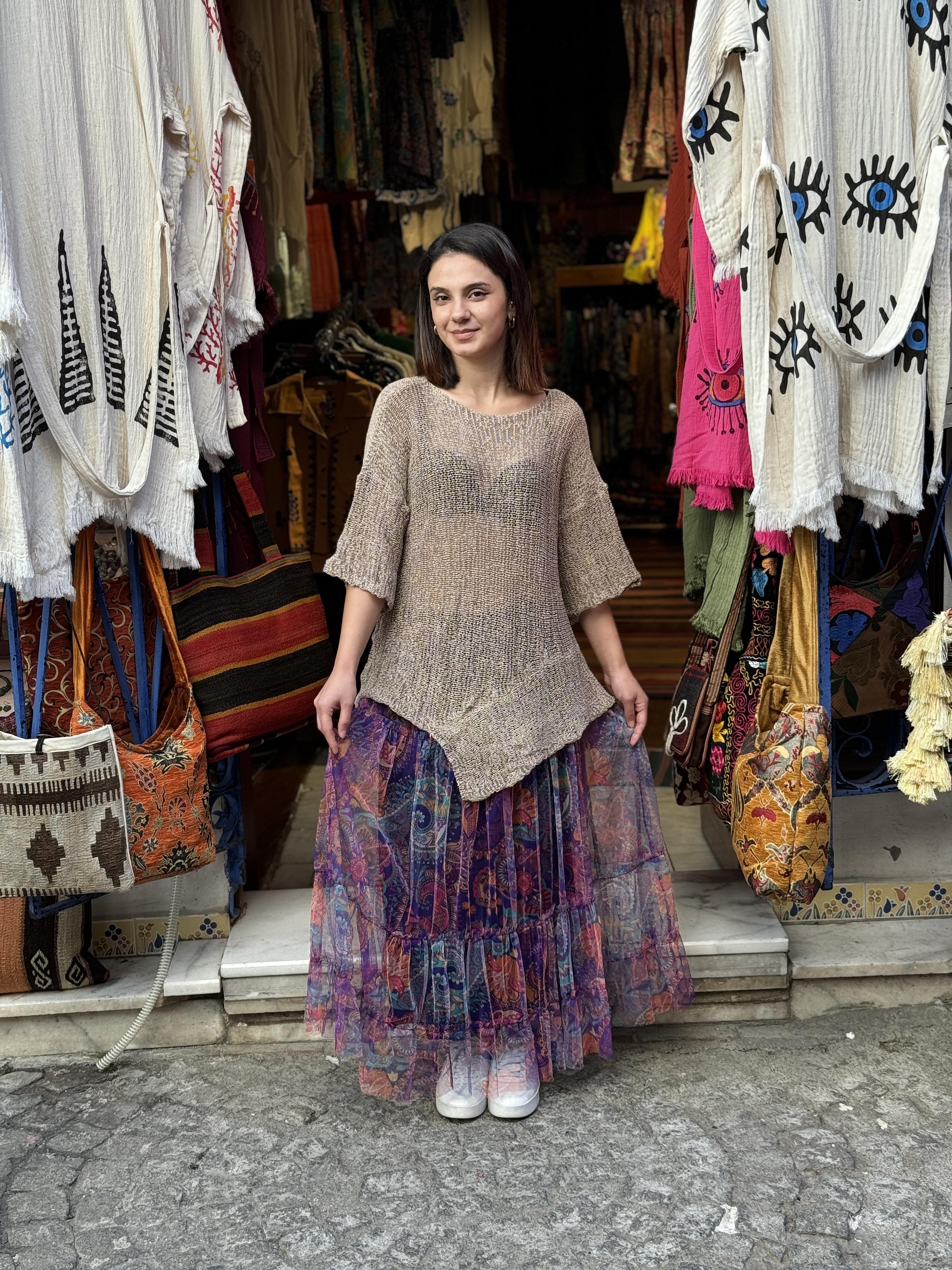 Tribal Desenli Astarlı Katlı Tül Etek