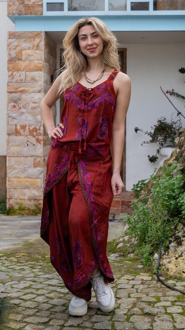 Tile Patterned Pants and Blouse Set