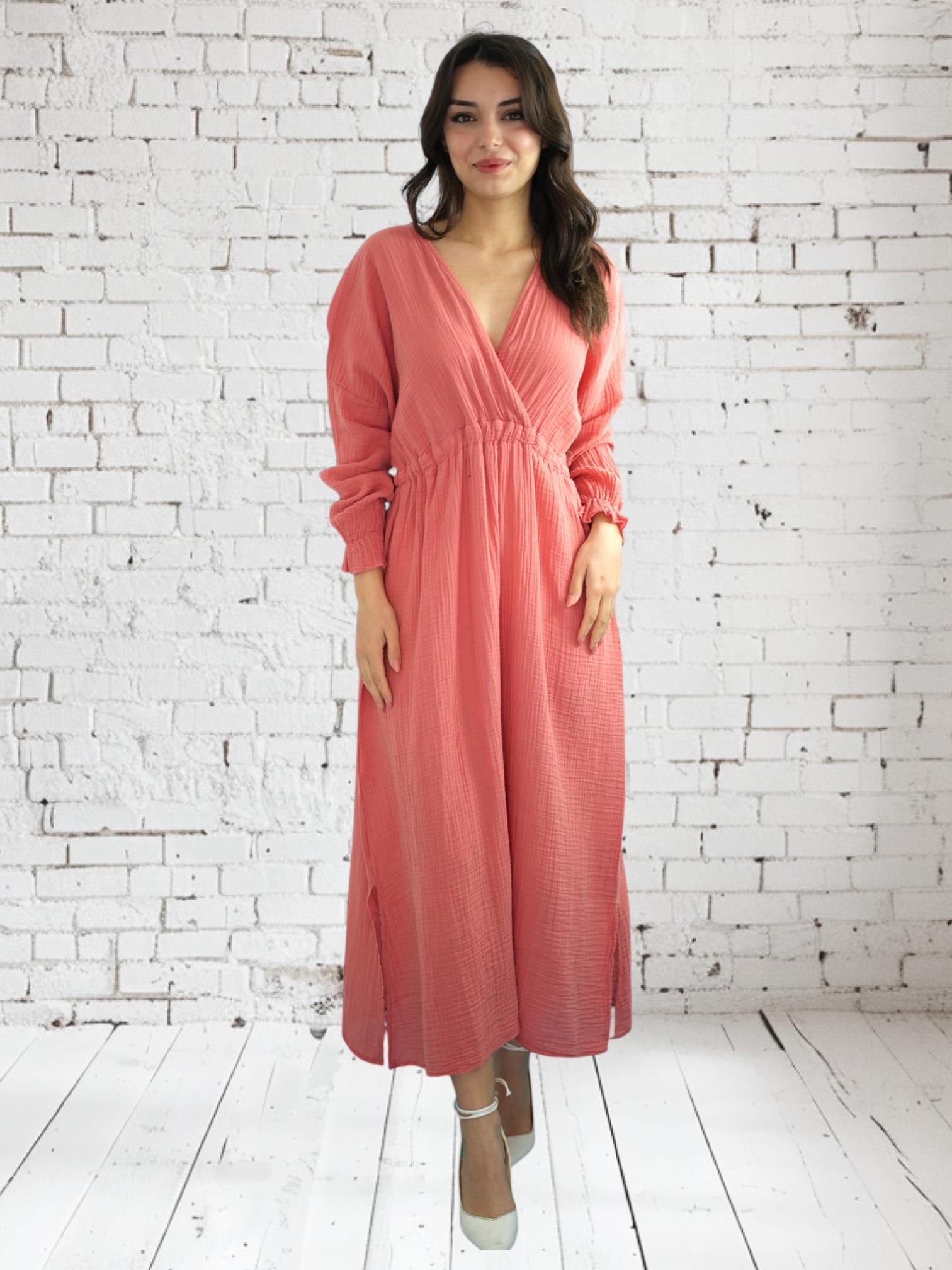 Kiremit Müslin V yaka Elbise