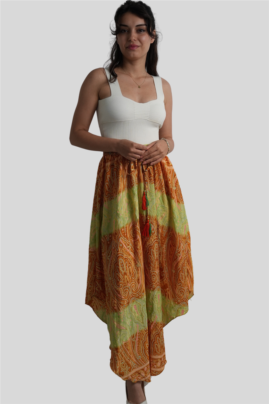 Kiremit Renk Gold Detaylı İpek Uzun Etek