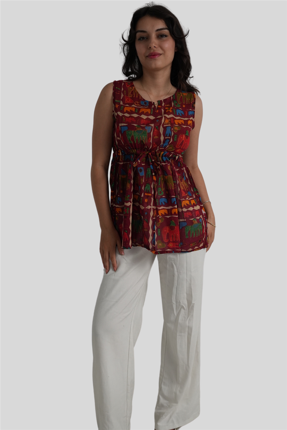 Kırmızı Fil Desenli Bohem Bluz