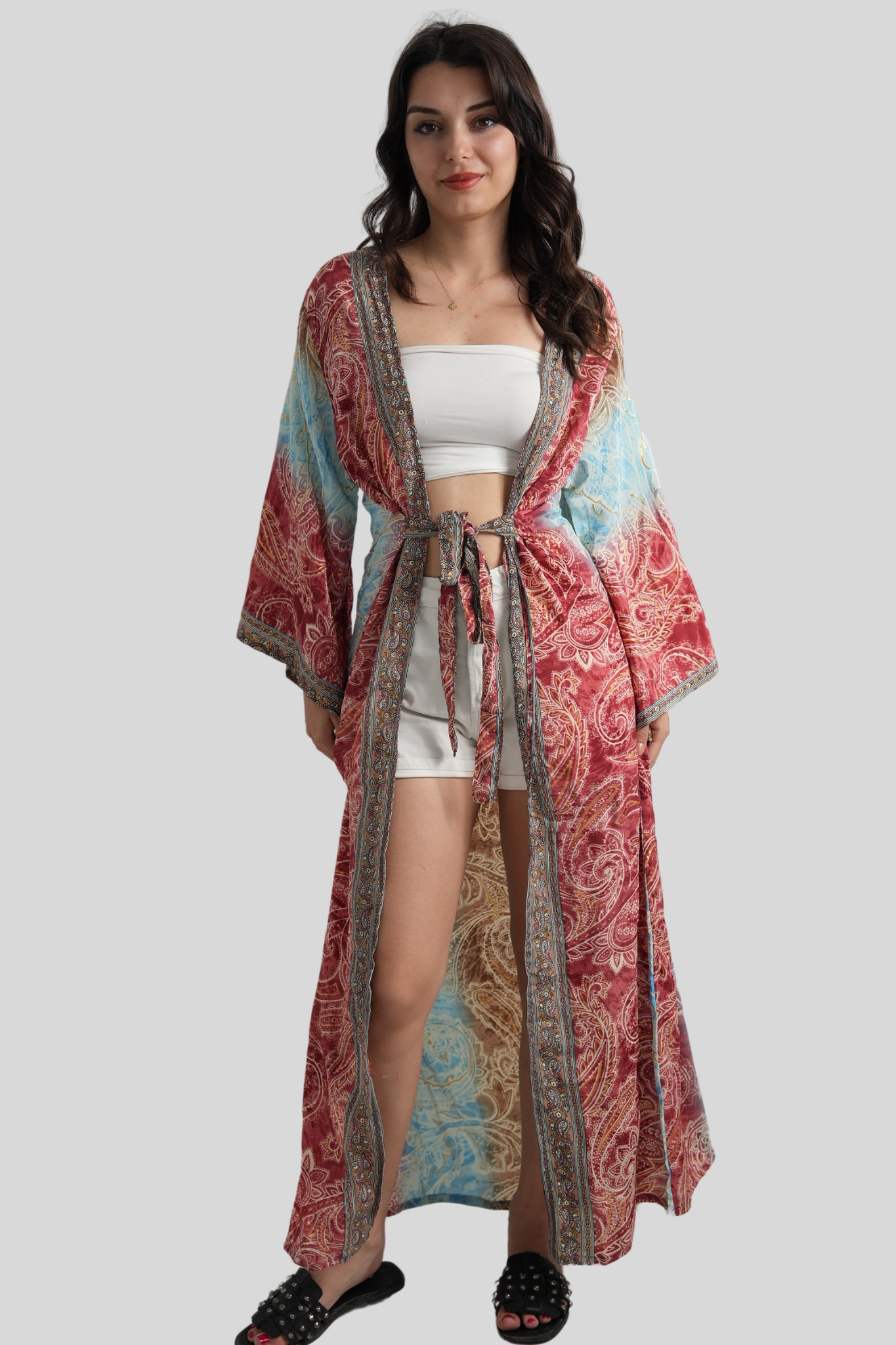 Kırmızı Gold Detaylı İpek Kaftan