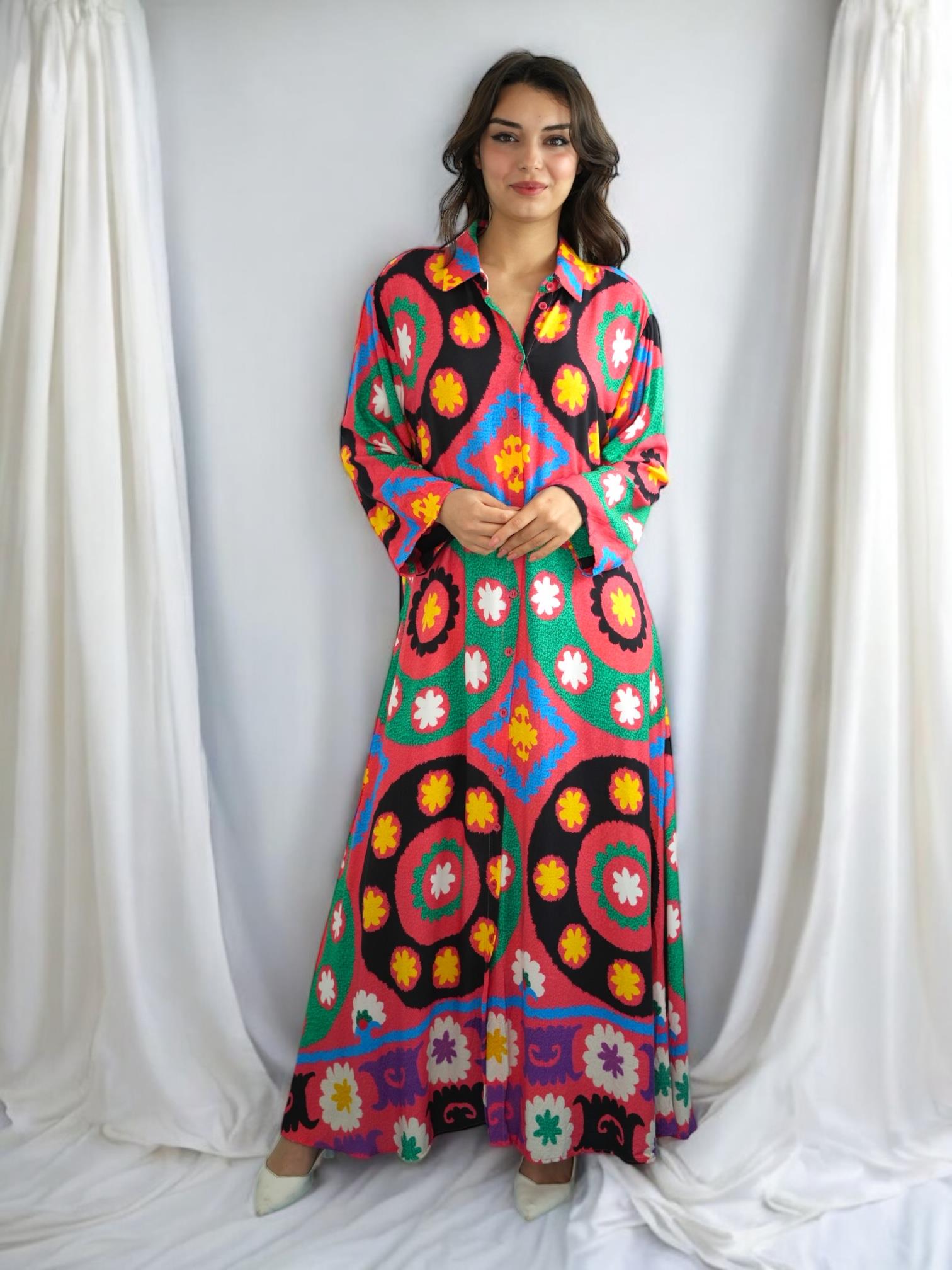 Red Daisy Patterned Buttoned Dress