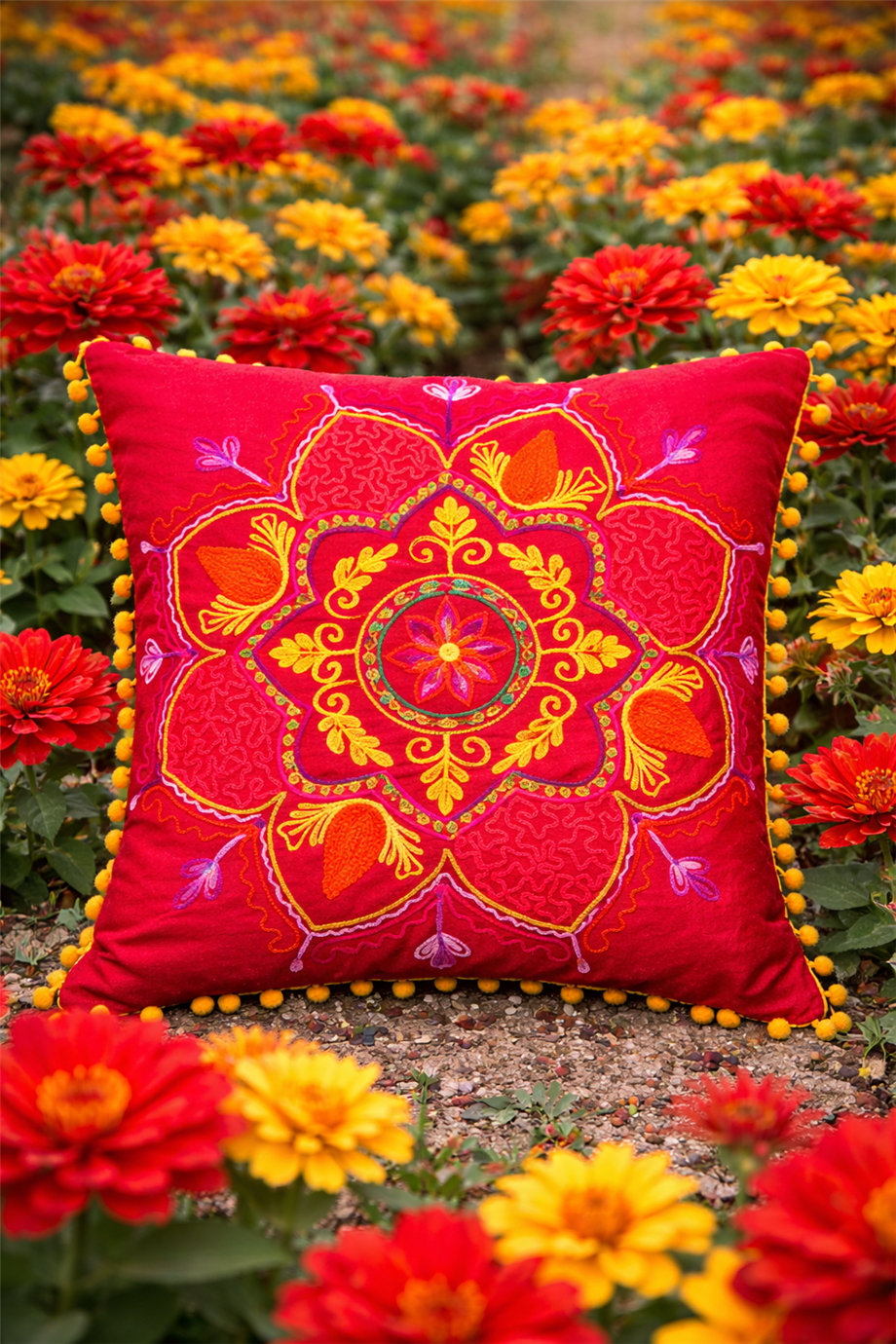 Kırmızı Renk Ateş Çiçeği Mandala Nakışlı Ponponlu Bohem Yastık Kılıfı 40cmX40cm