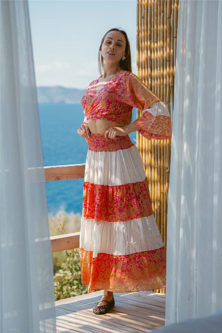 Red Patterned Skirt and Blouse Set