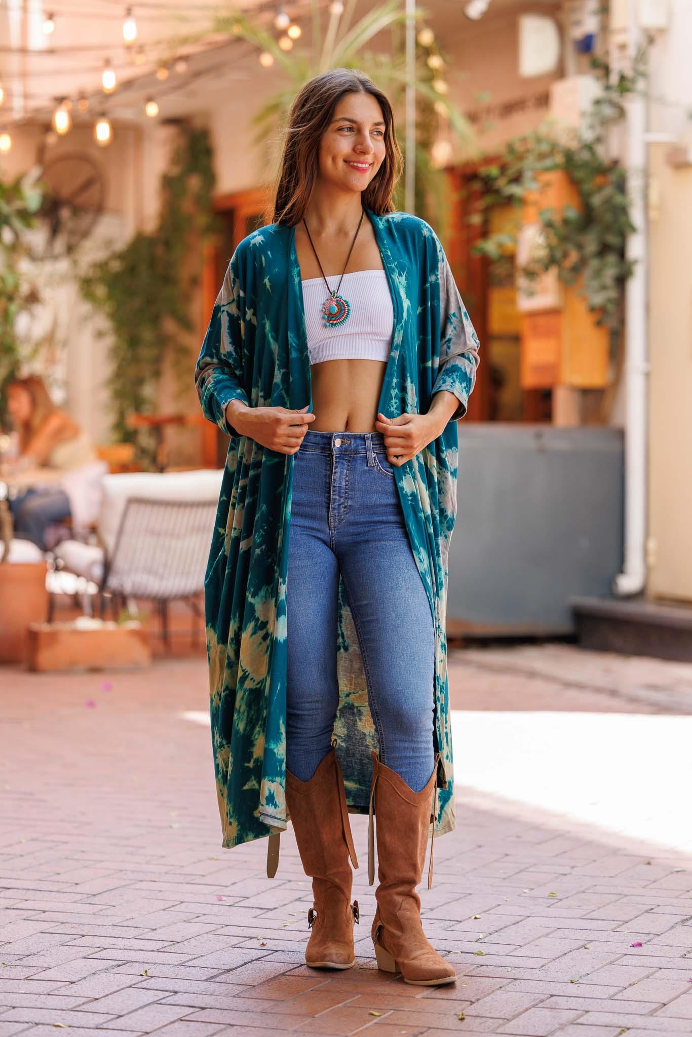 Koyu Yeşil Batik Desenli Kaftan