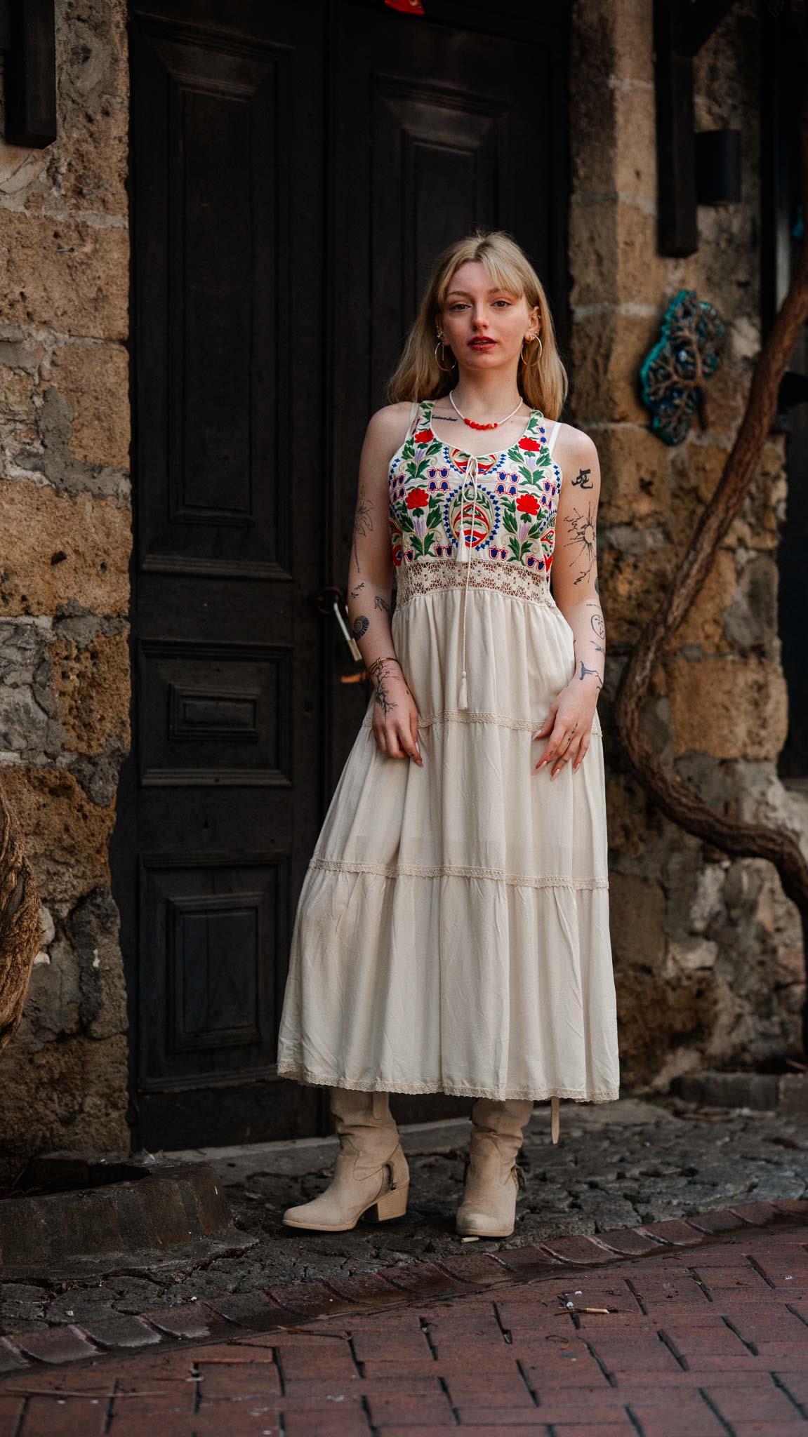 Cream Floral Embroidered Strappy Dress