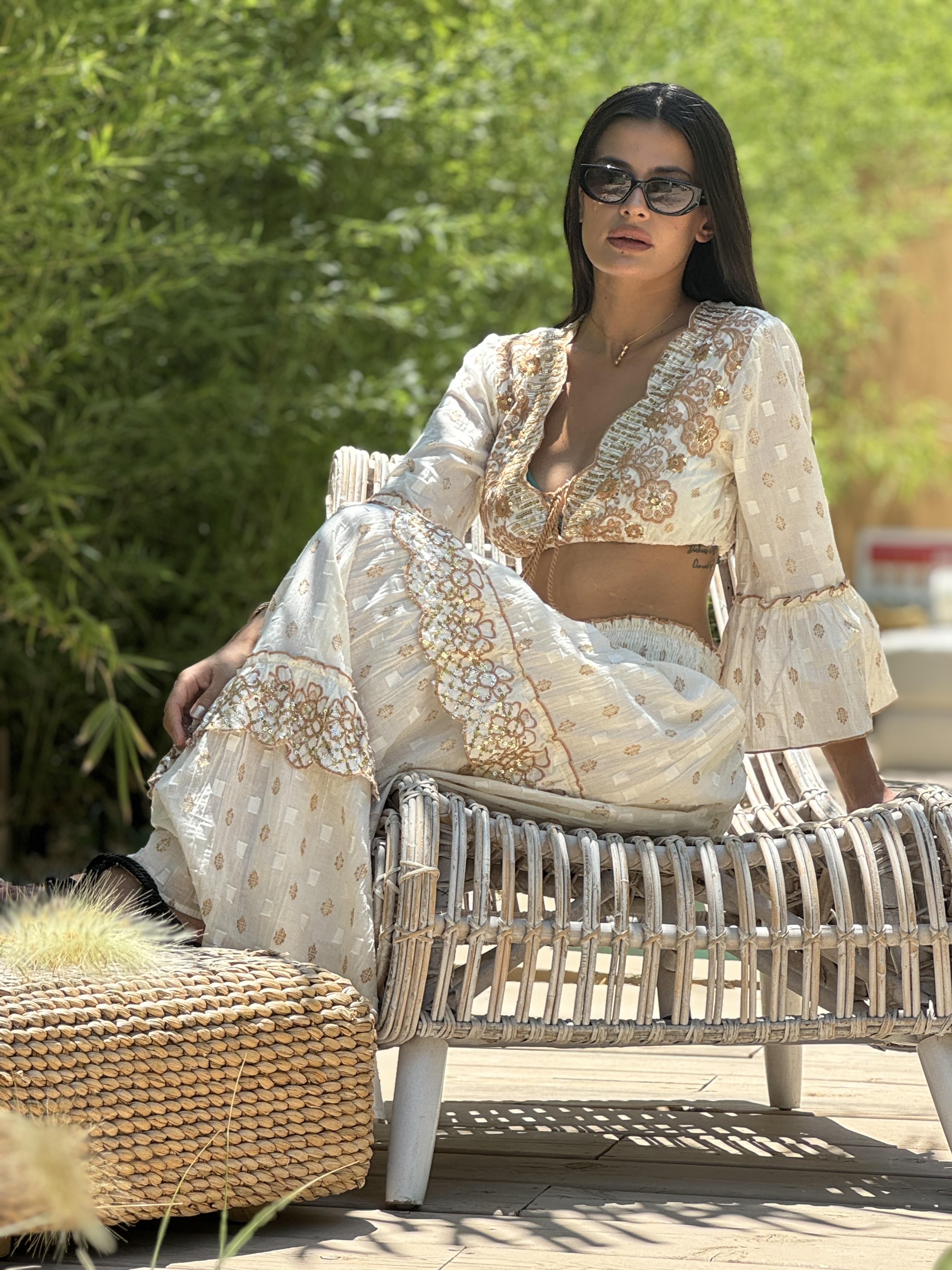 Cream Special Design Crop Skirt Set