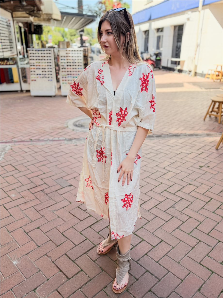 Krem Renk Kar Tanesi Motifli Kimono