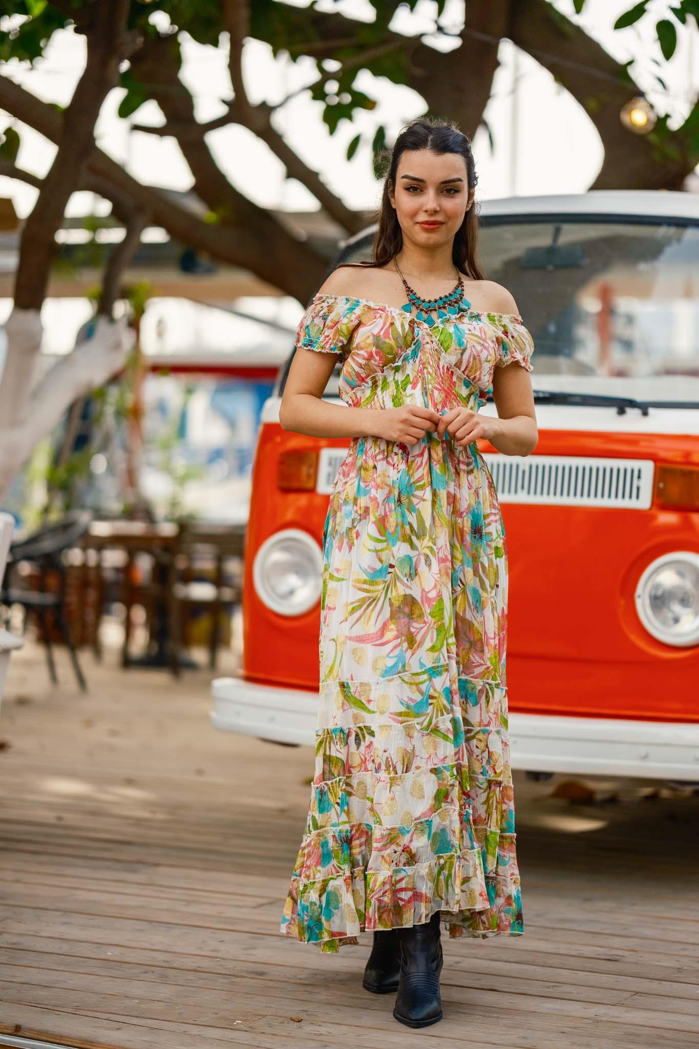 Cream Colored Madonna Collar Floral Patterned Italian Dress