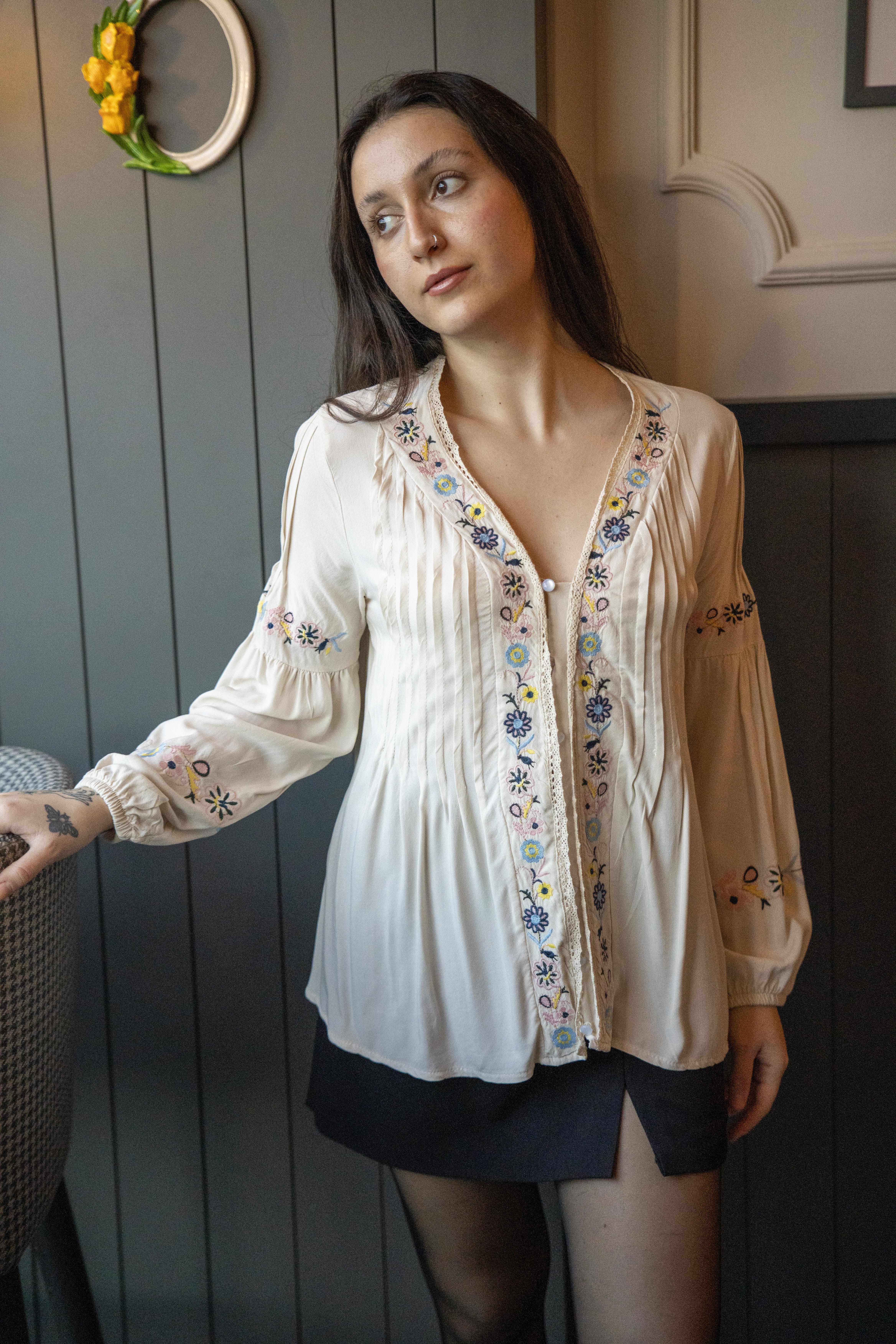 Cream V-Neck Lace Floral Embroidered Draped Shirt