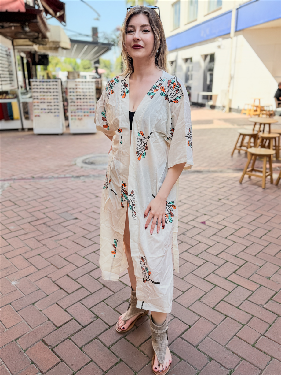 Krem/Turuncu Renk Tavus Kuşu Tüyü Motifli Kimono