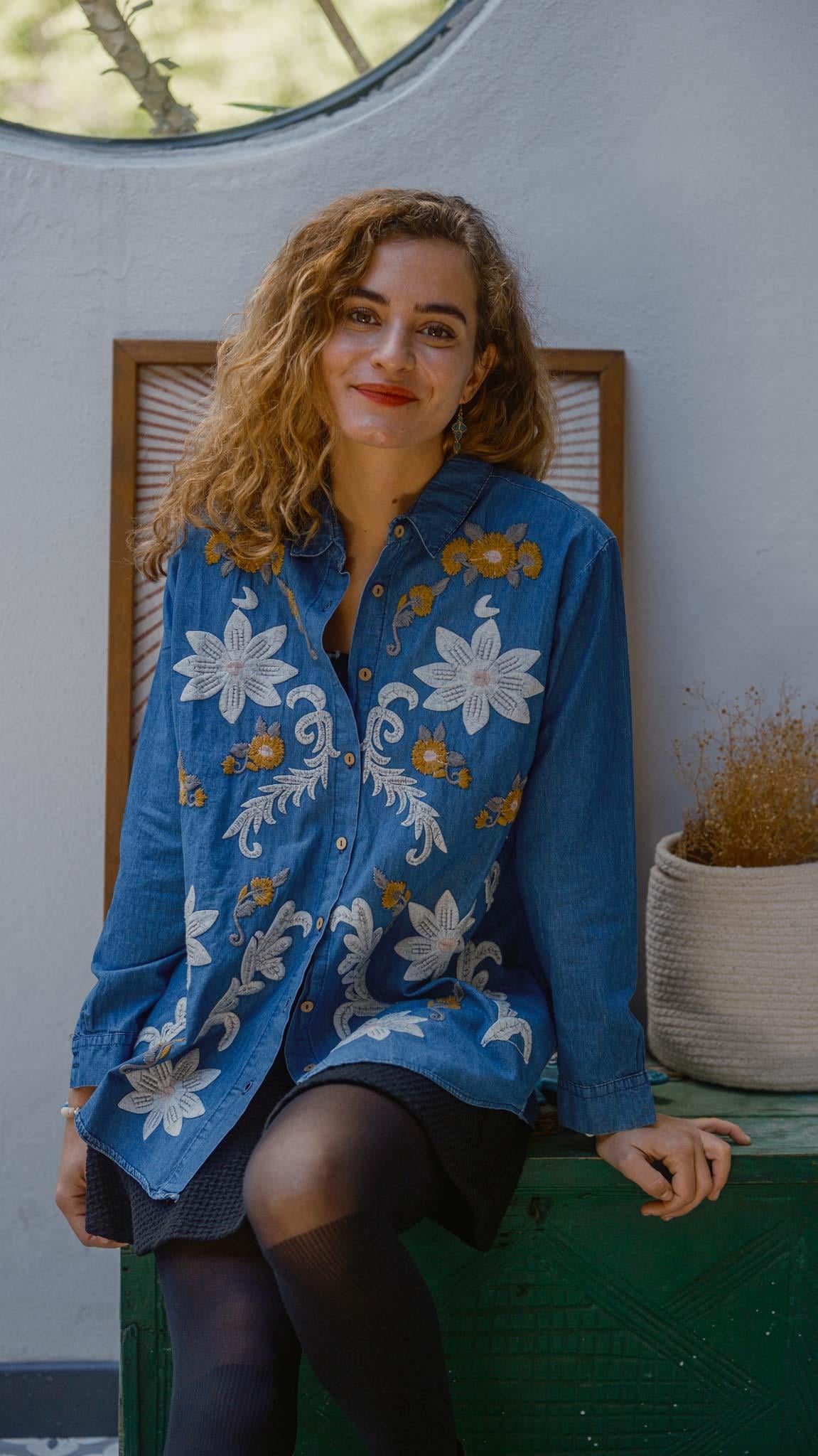 Navy Blue Shirt with Floral Embroidered Collar