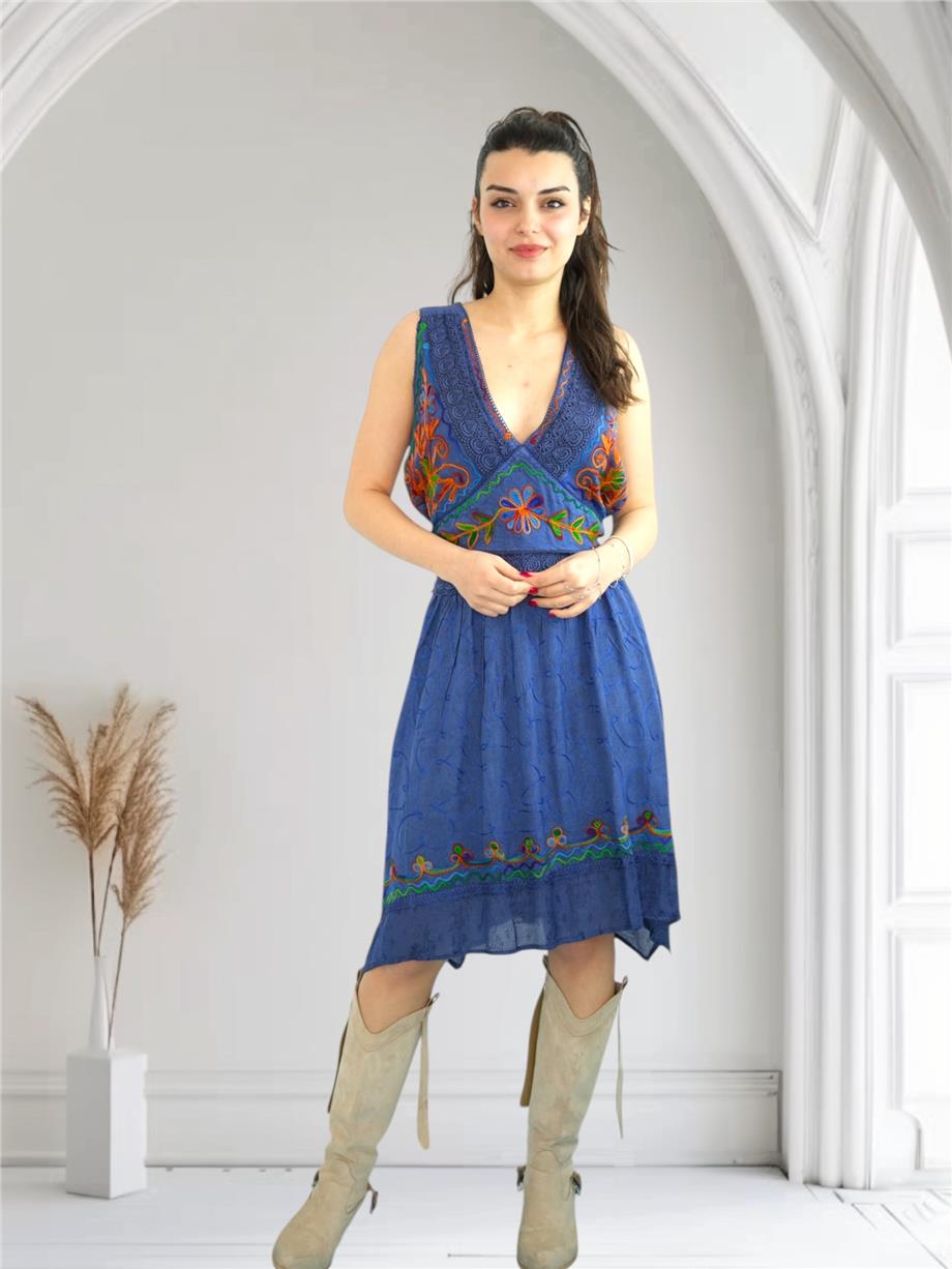 Navy Blue Dress with Floral Embroidery