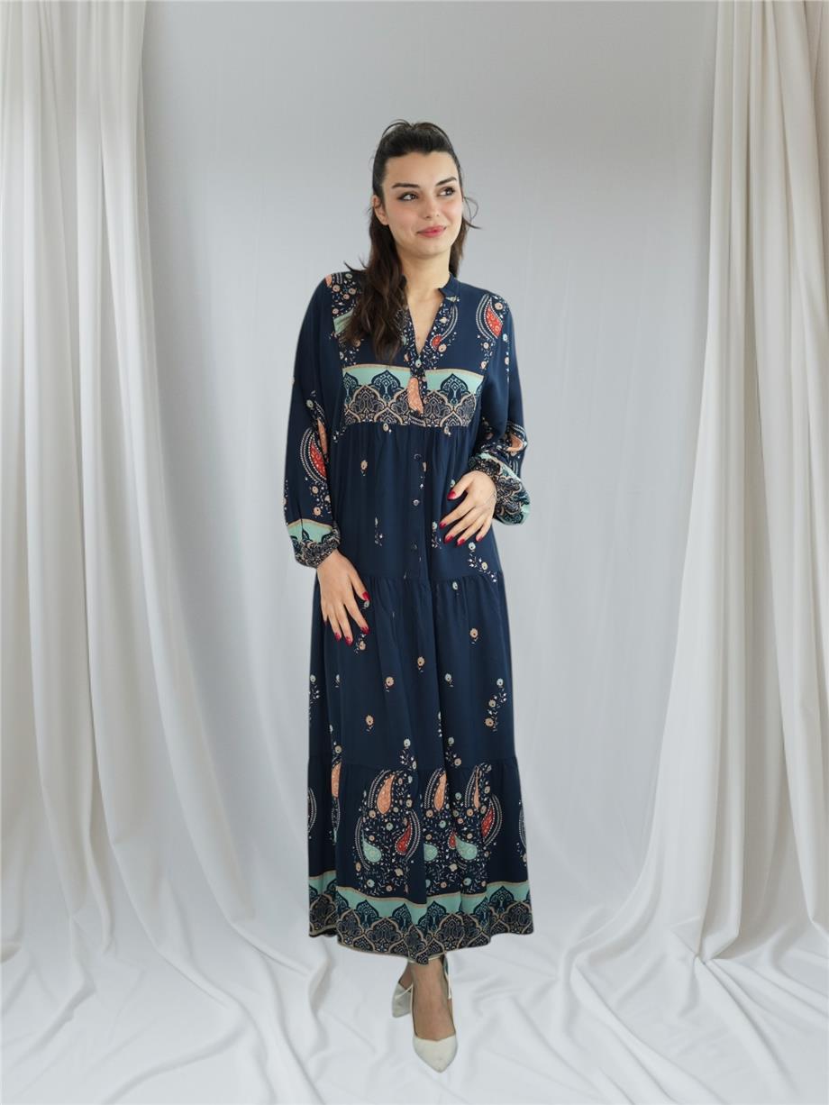 Navy Blue Patterned Long Dress with Button Details