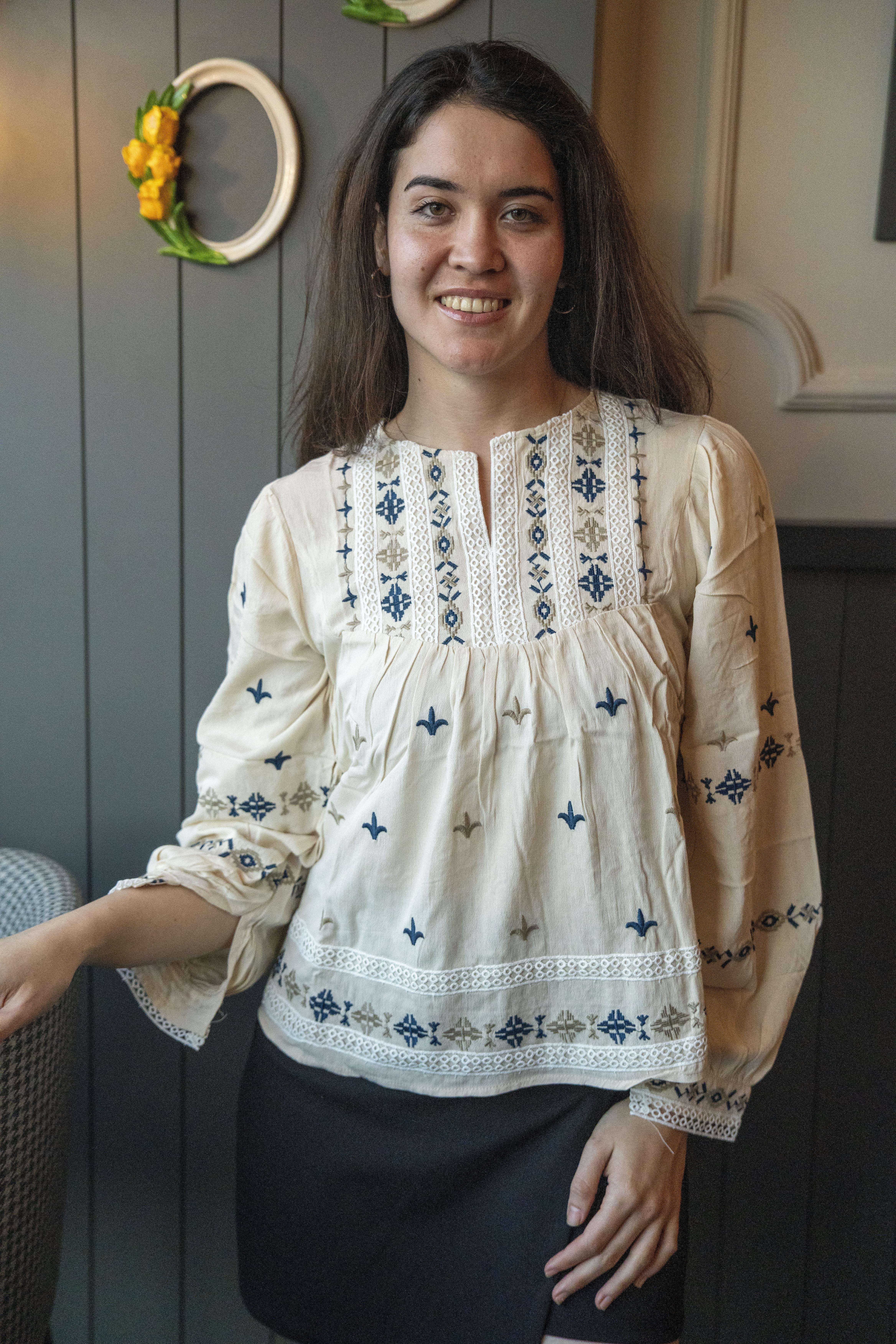 Navy Blue Ethnic Floral Embroidered Vintage Beige Blouse