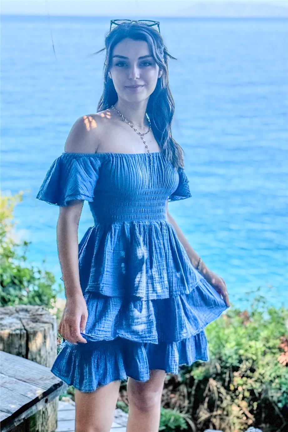 Lacivert Madonna Yaka Müslin Kısa Elbise