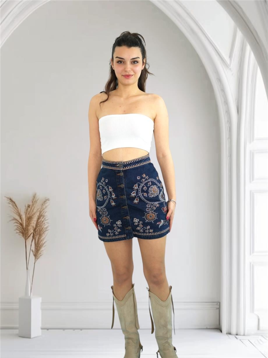 Navy Embroidered Denim Skirt