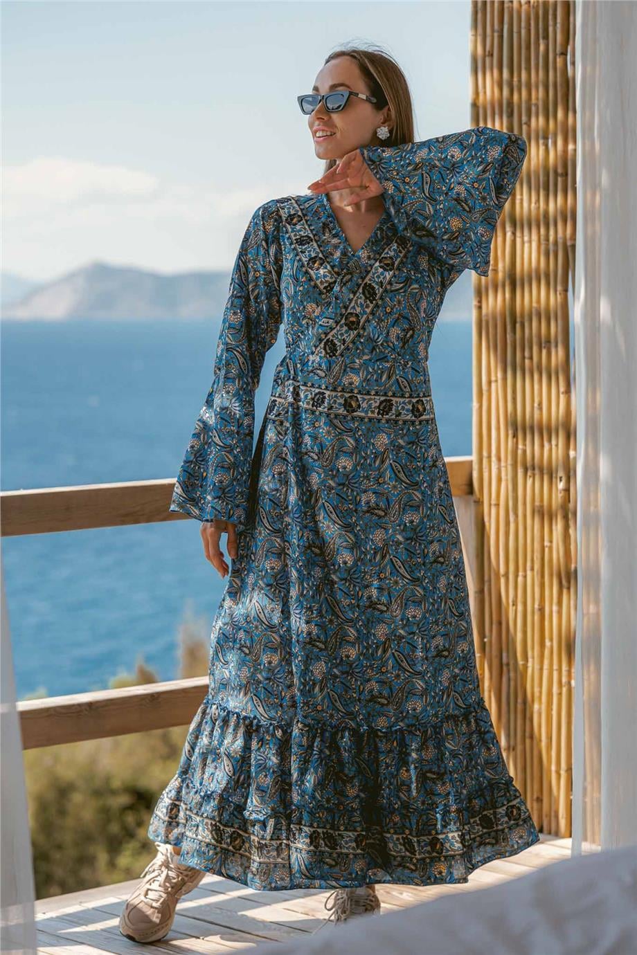 Navy Blue Silk Kaftan with Floral Pattern