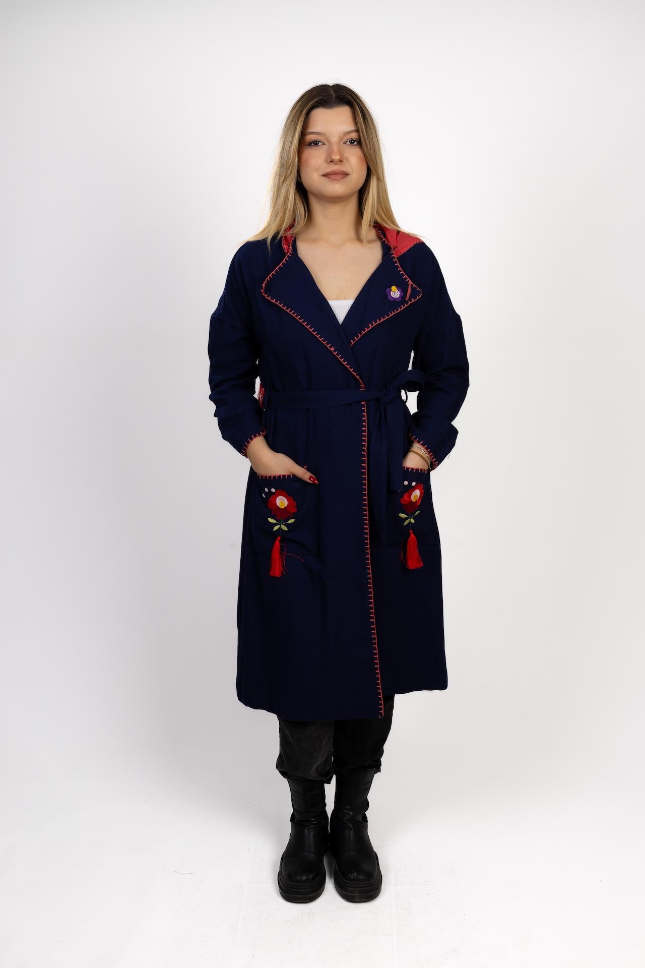 Navy Blue Embroidered Flannel Jacket